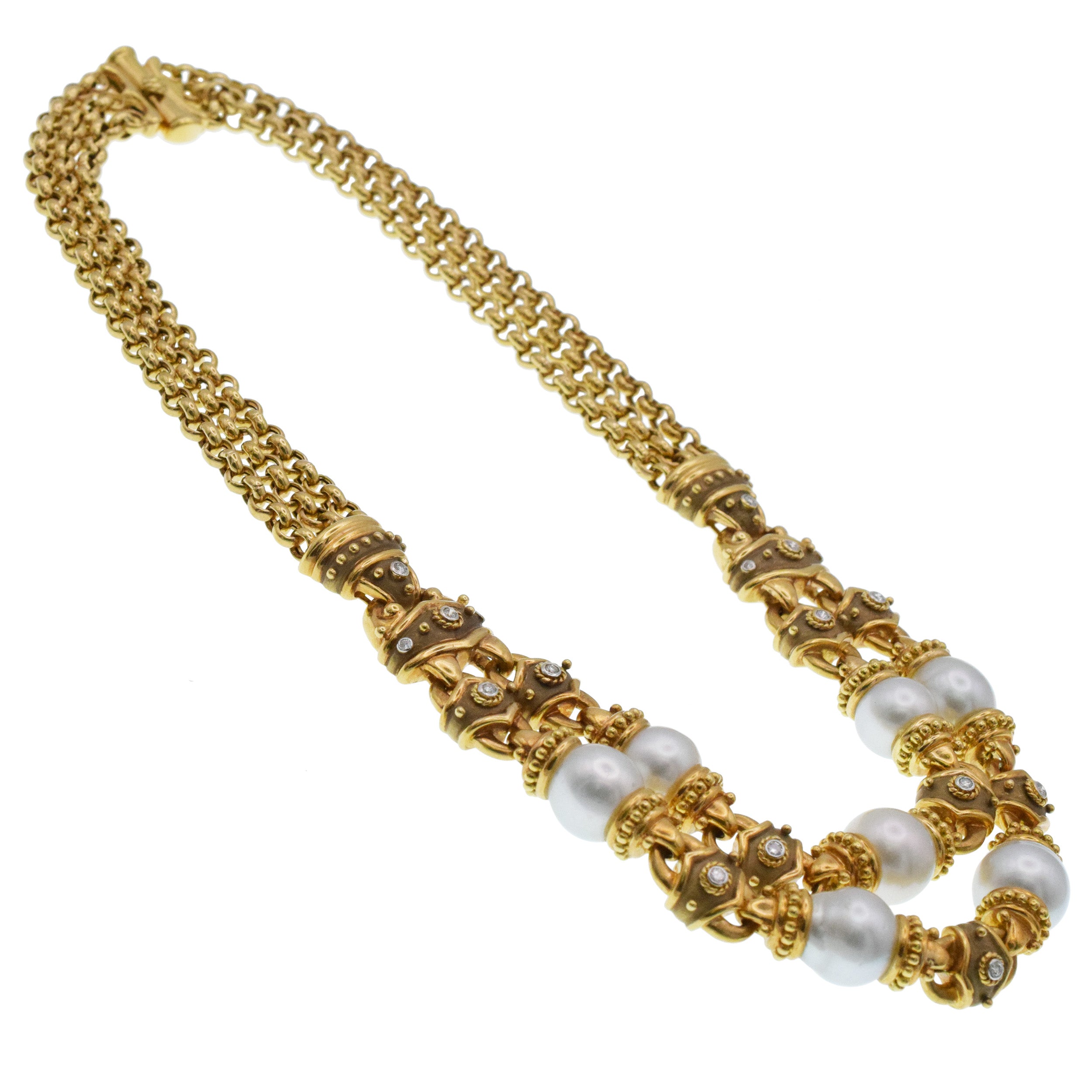 Pearl And Diamond Draped Necklace In 18k Yellow Gold