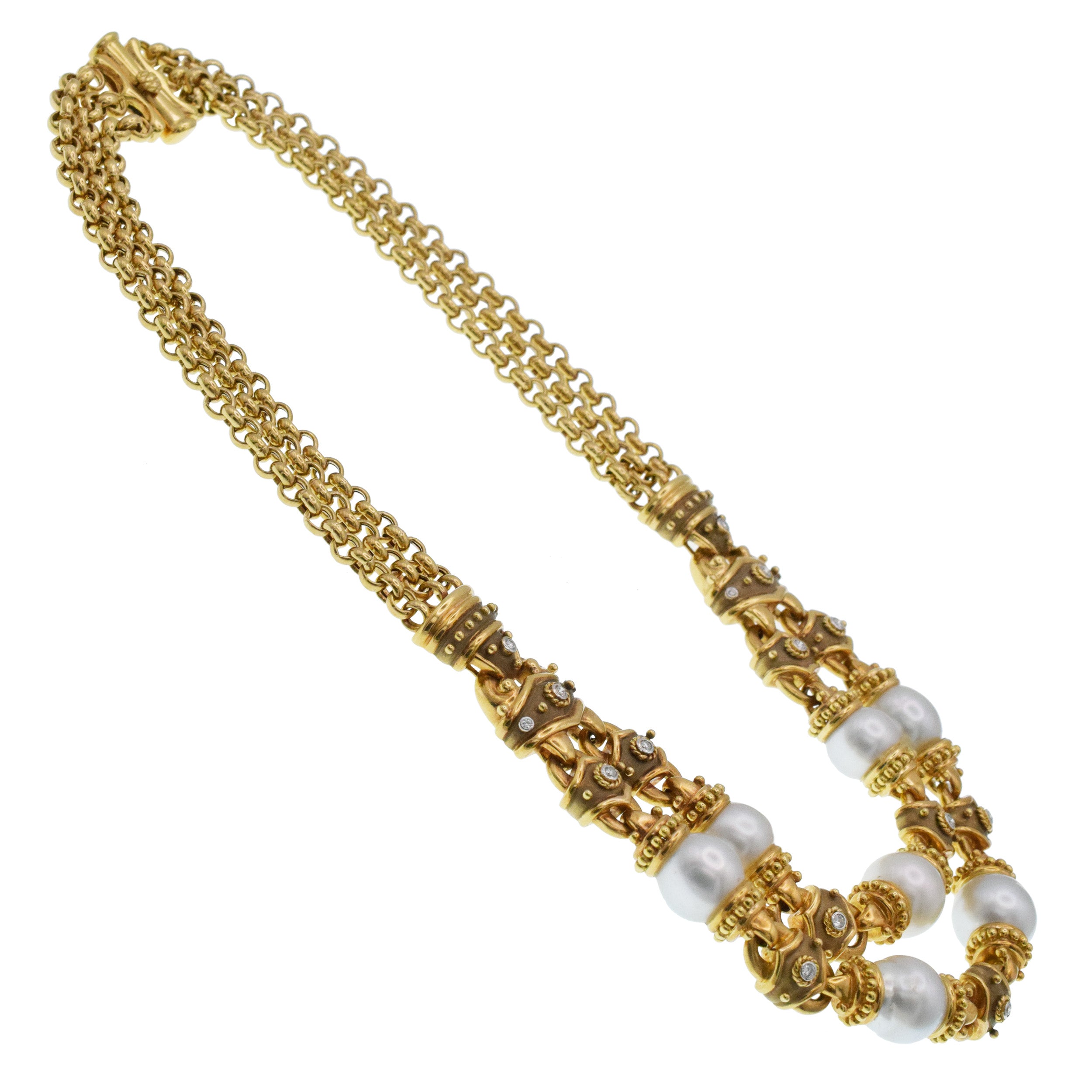 Pearl And Diamond Draped Necklace In 18k Yellow Gold