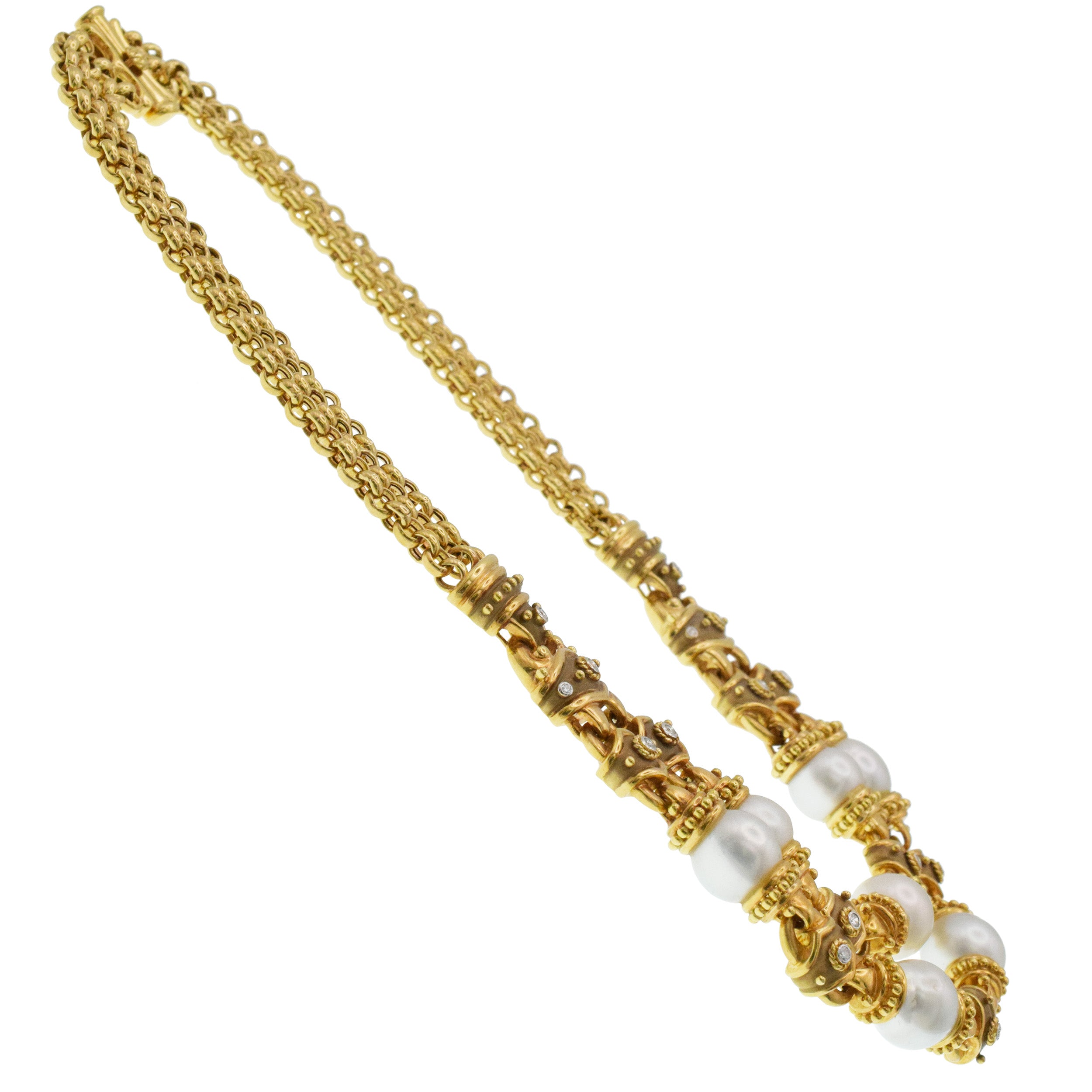 Pearl And Diamond Draped Necklace In 18k Yellow Gold