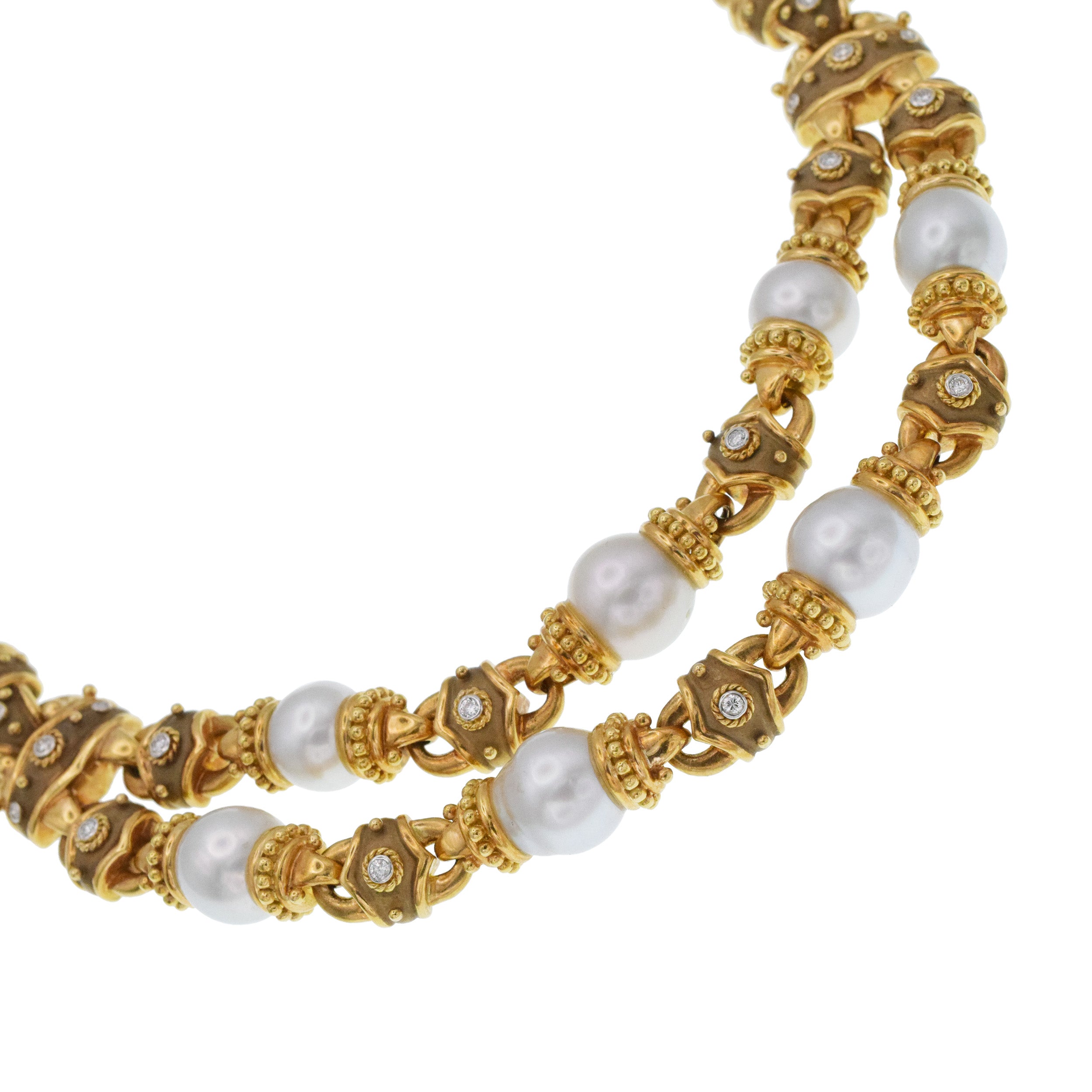 Pearl And Diamond Draped Necklace In 18k Yellow Gold