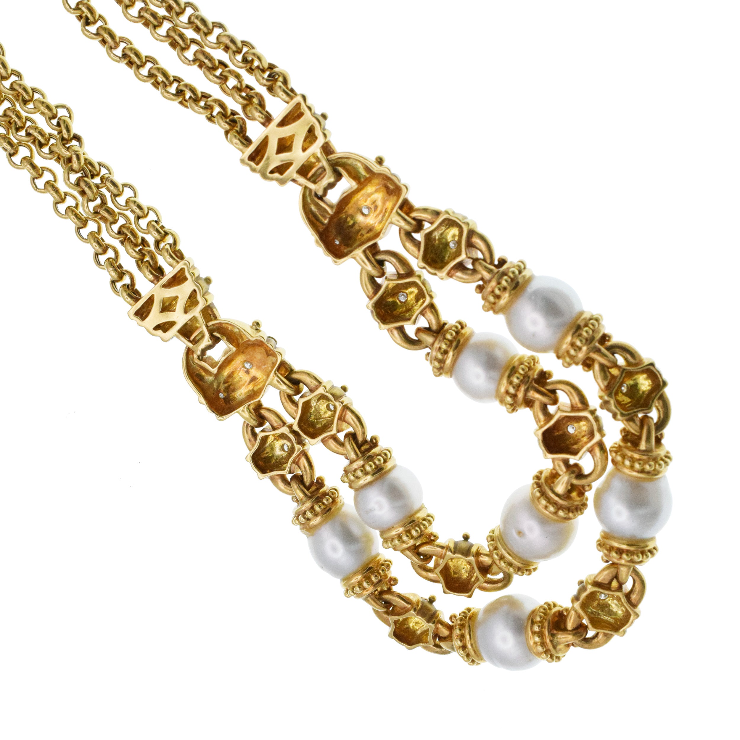 Pearl And Diamond Draped Necklace In 18k Yellow Gold