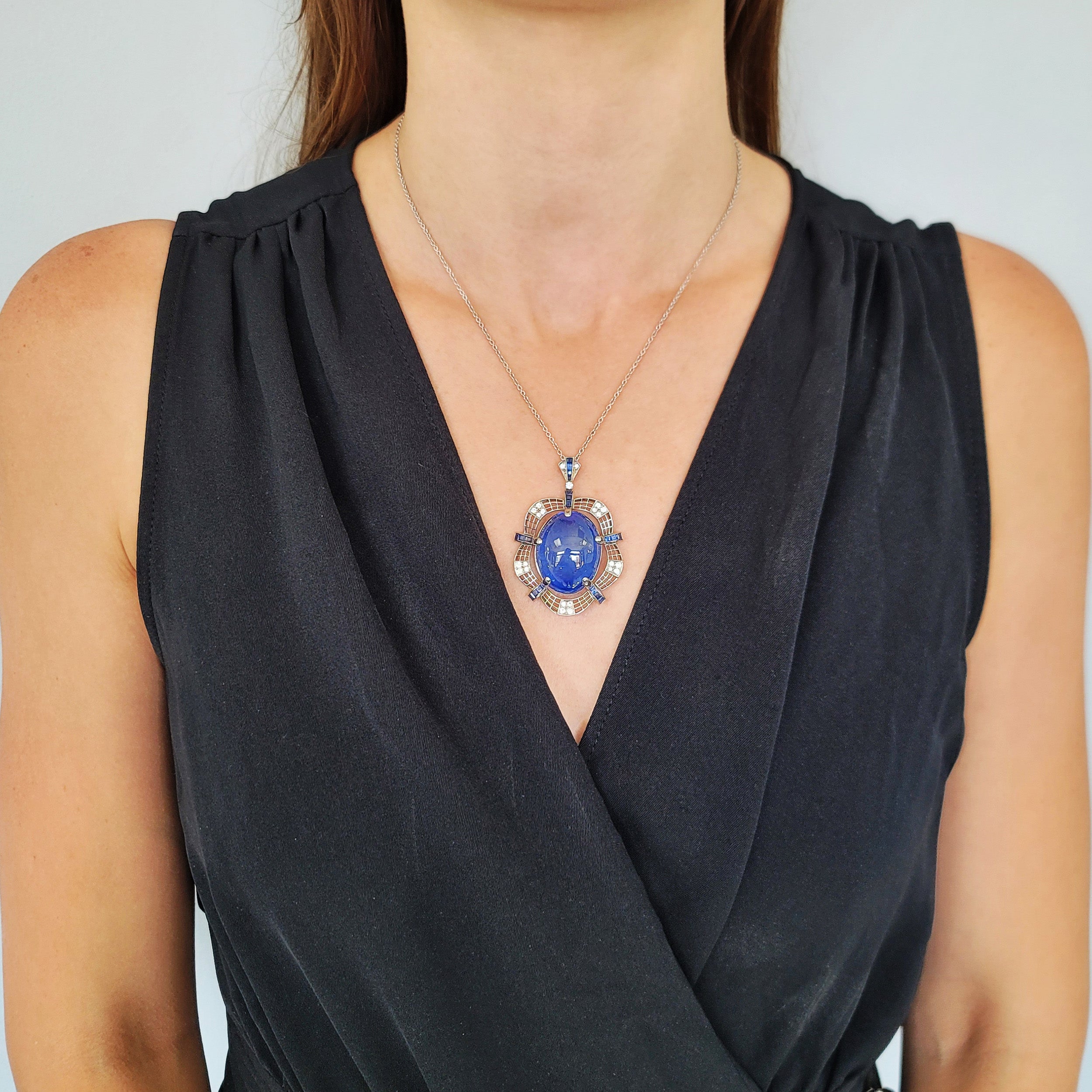 1950's Sapphire and diamond statement pendant in 14k white gold.