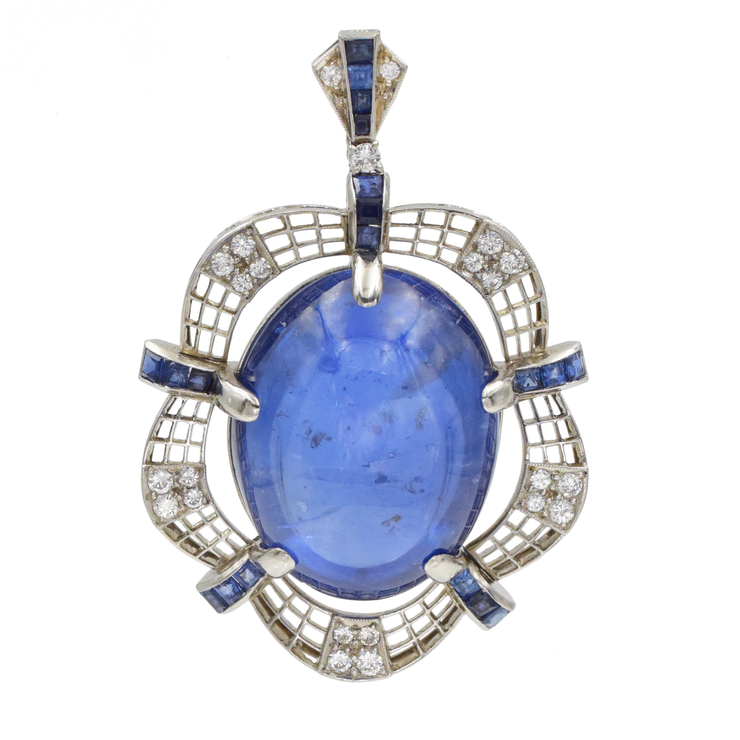 1950's Sapphire and diamond statement pendant in 14k white gold.