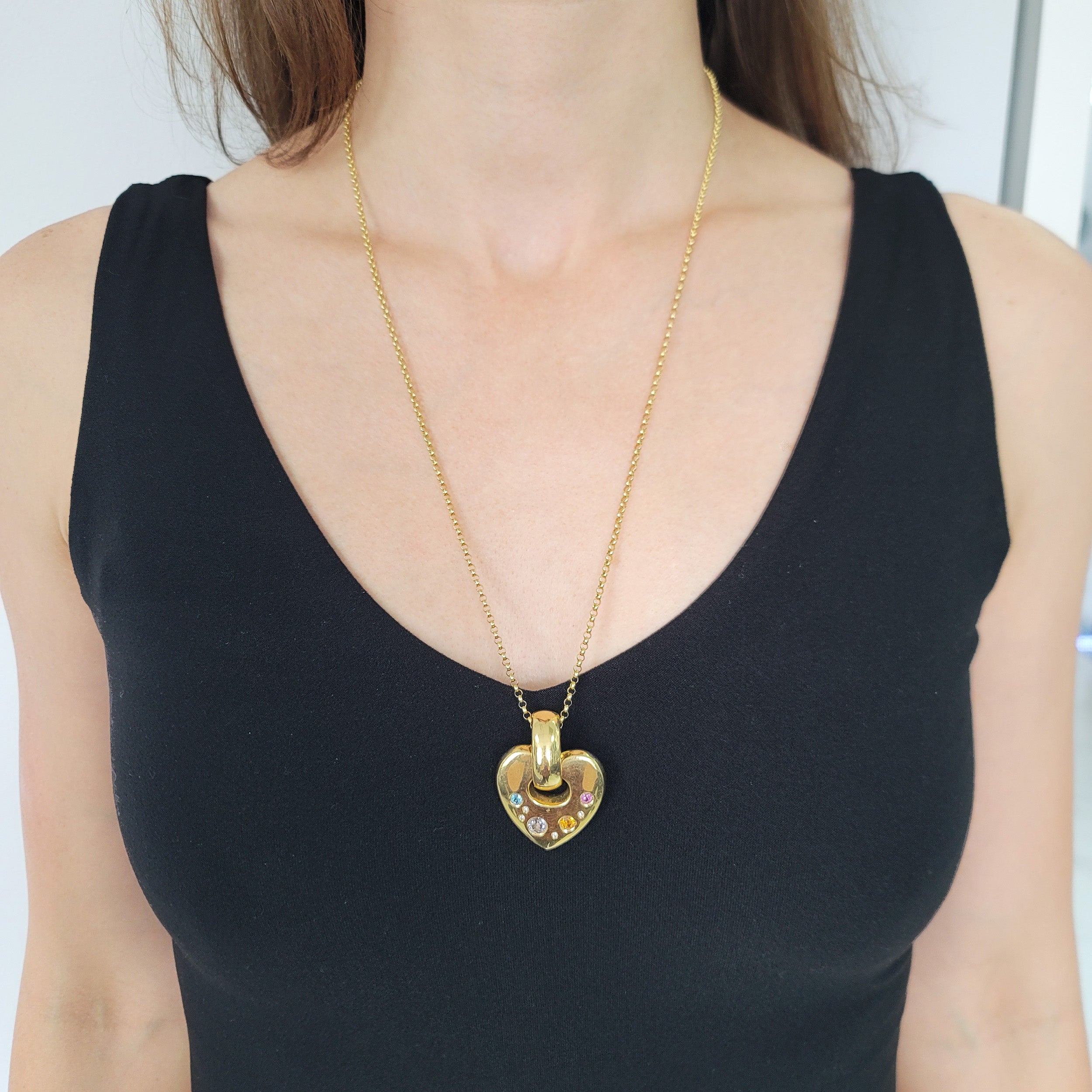 Colorful Gemstone And 18k Yellow Gold Heart Pendant With Diamond Accents.