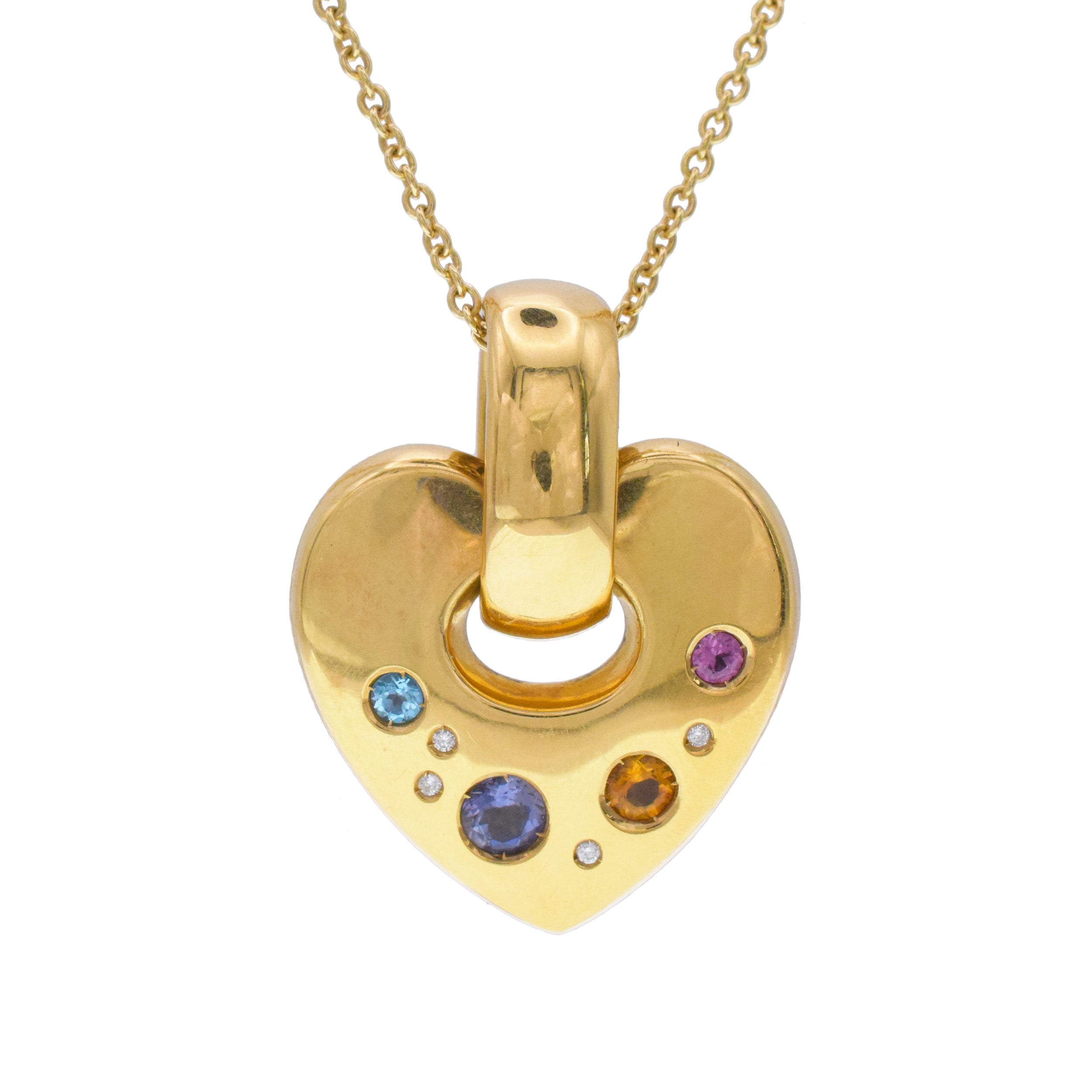 Colorful Gemstone And 18k Yellow Gold Heart Pendant With Diamond Accents.