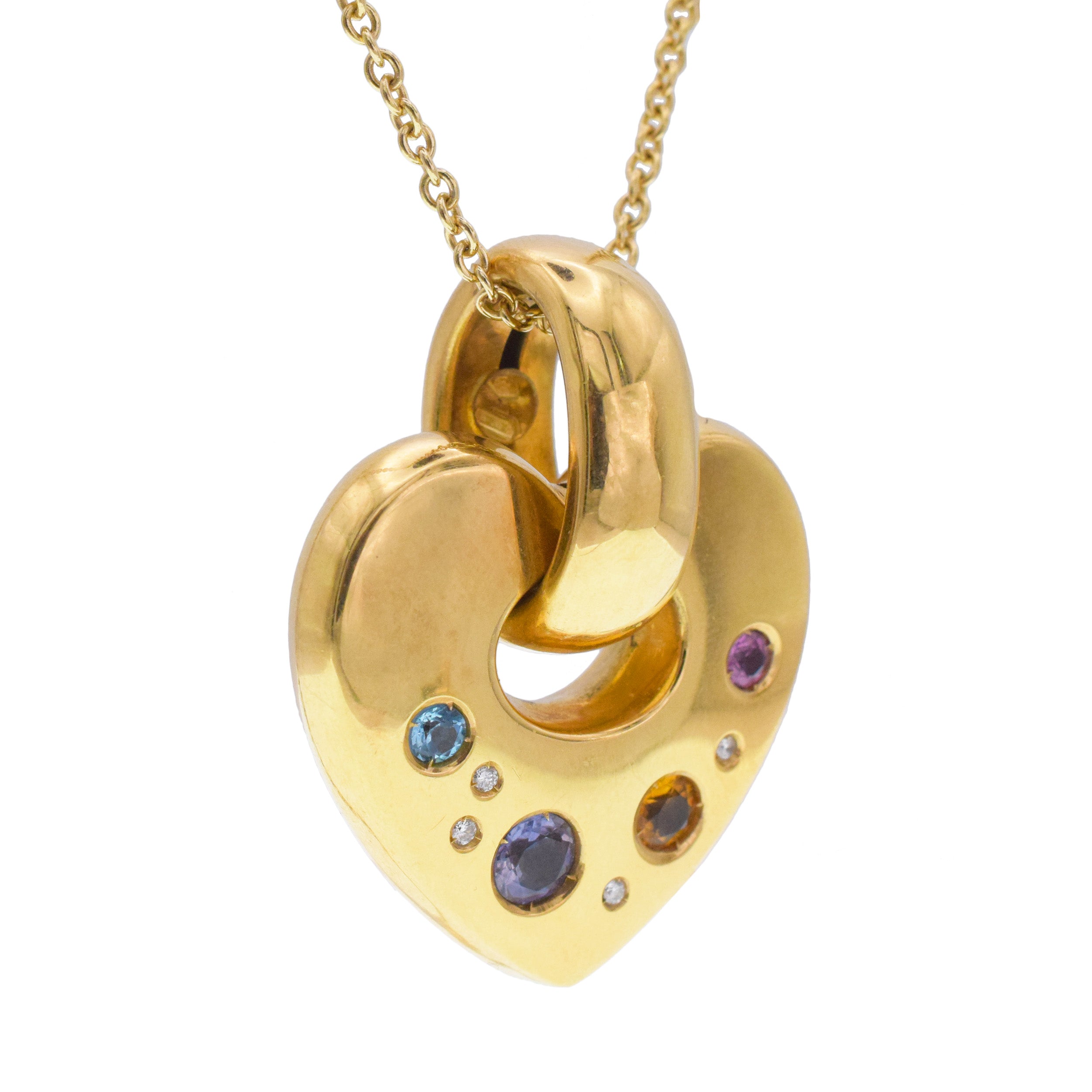 Colorful Gemstone And 18k Yellow Gold Heart Pendant With Diamond Accents.