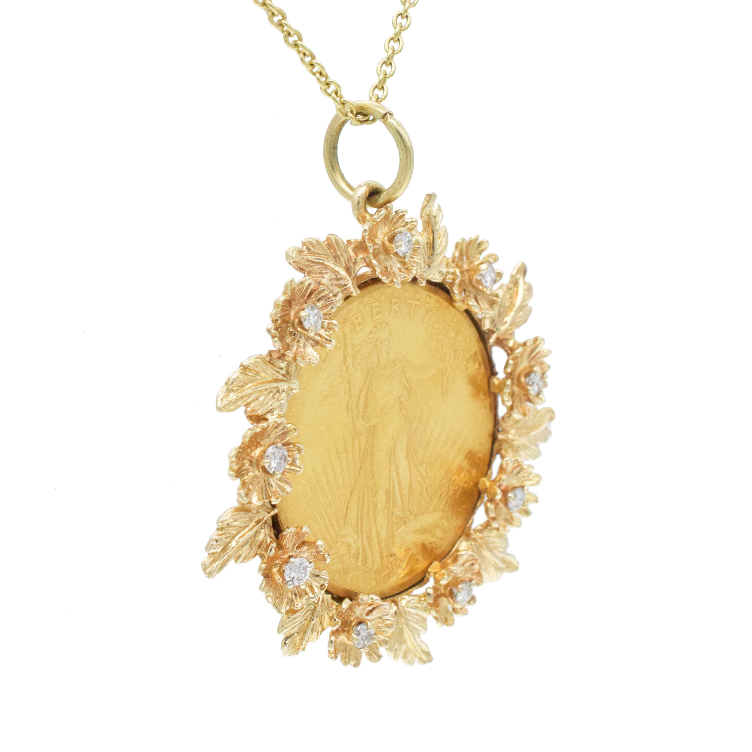 $20 Saint Gaudens Double Eagle Coin Pendant In 14k Yellow Gold And Diamond Frame