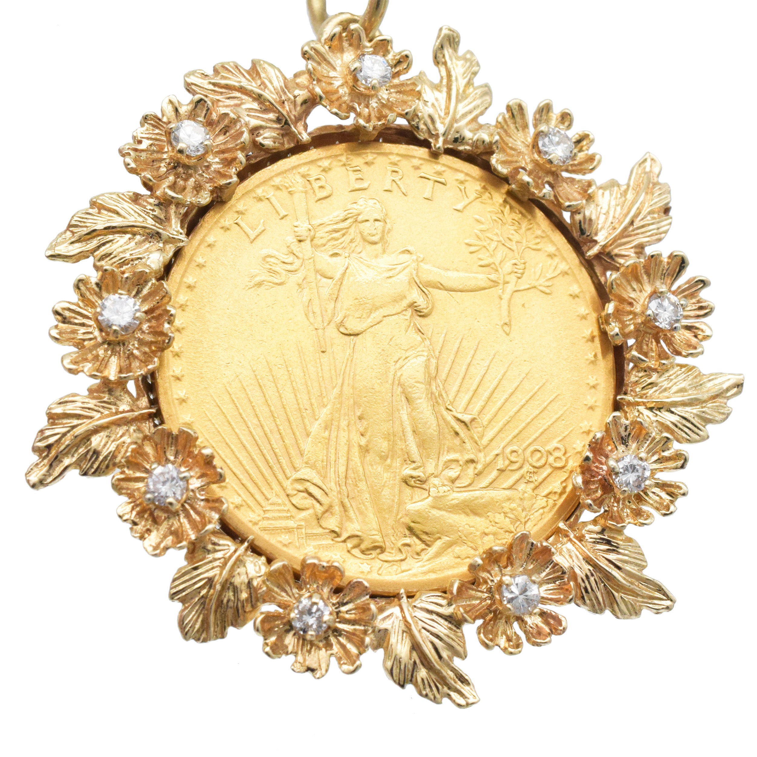 $20 Saint Gaudens Double Eagle Coin Pendant In 14k Yellow Gold And Diamond Frame