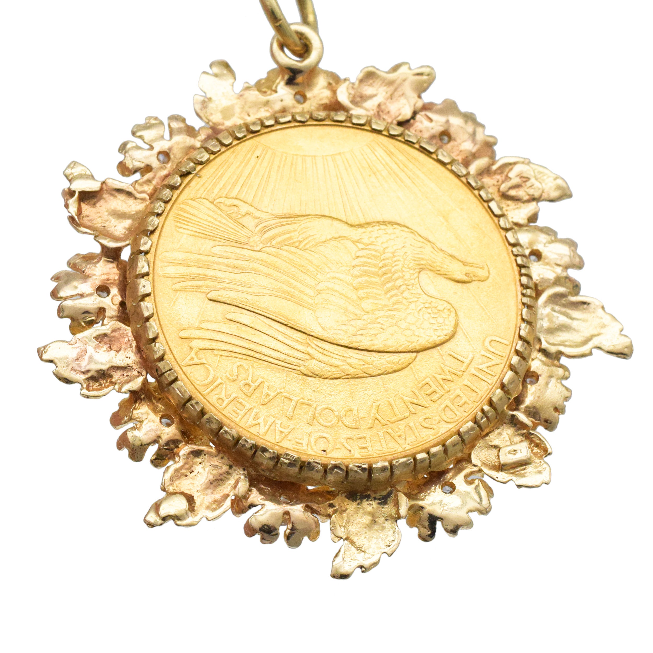 $20 Saint Gaudens Double Eagle Coin Pendant In 14k Yellow Gold And Diamond Frame