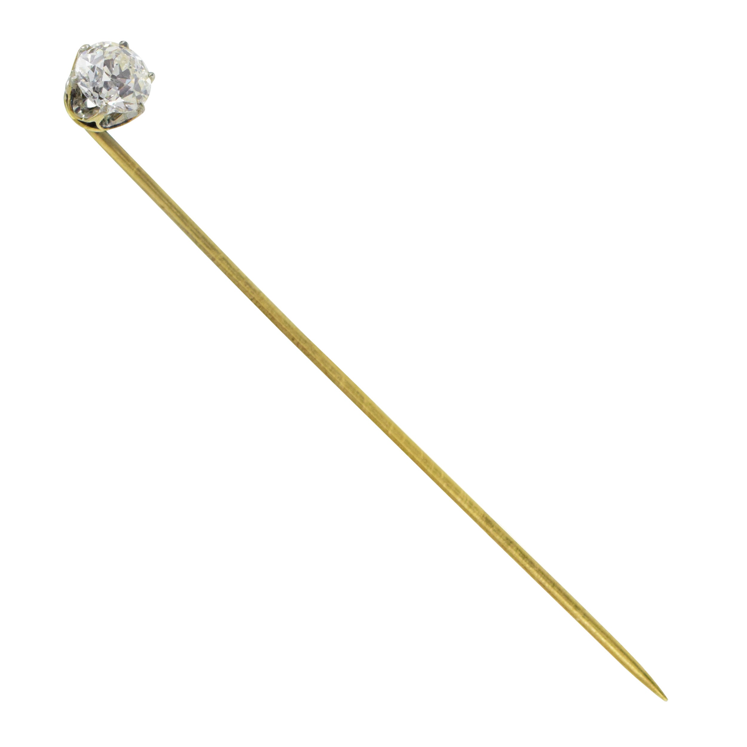 Old European Cut Diamond Stick Pin In 14k Yellow Gold