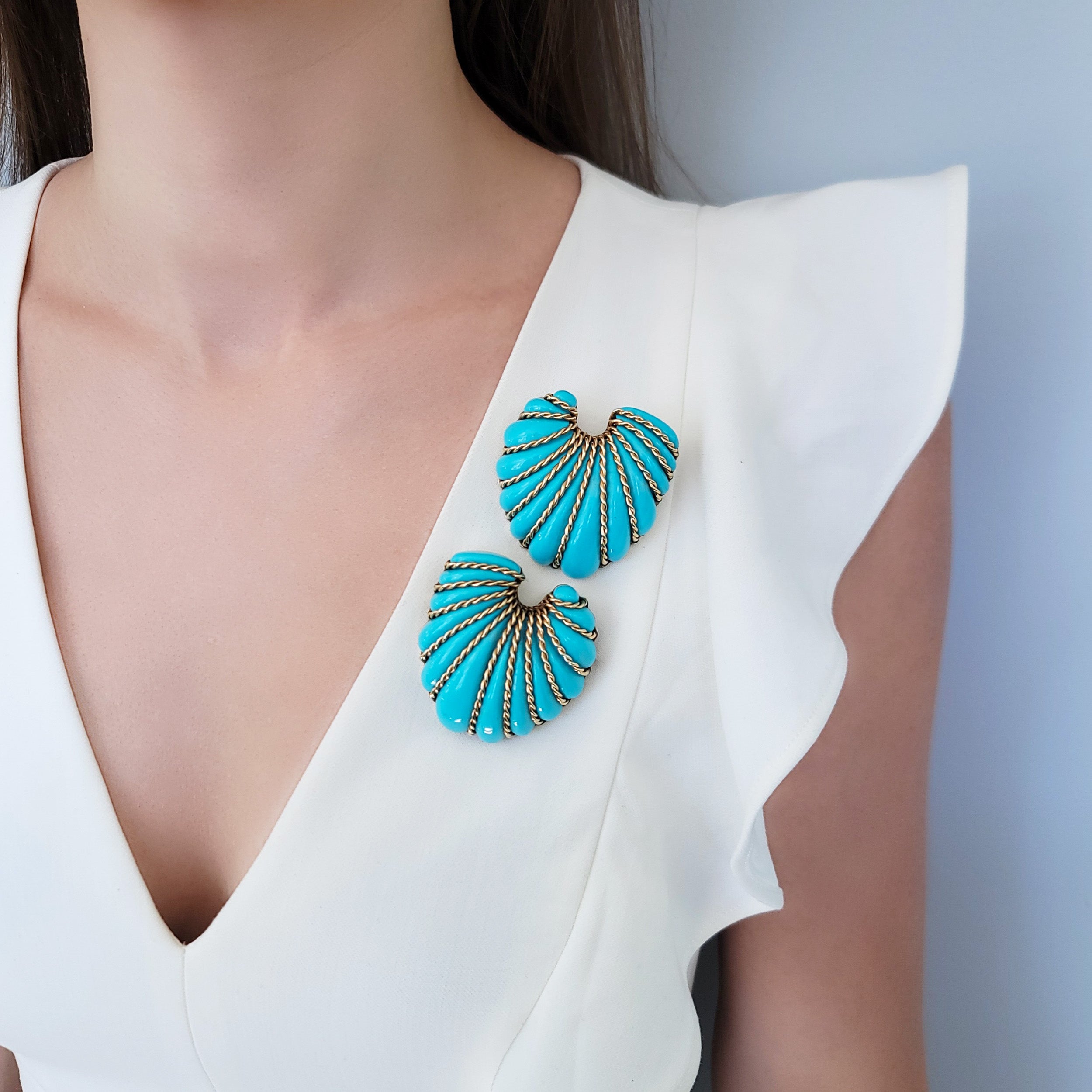 Seaman Schepps Pair of Gold and Turquoise Shell Brooches