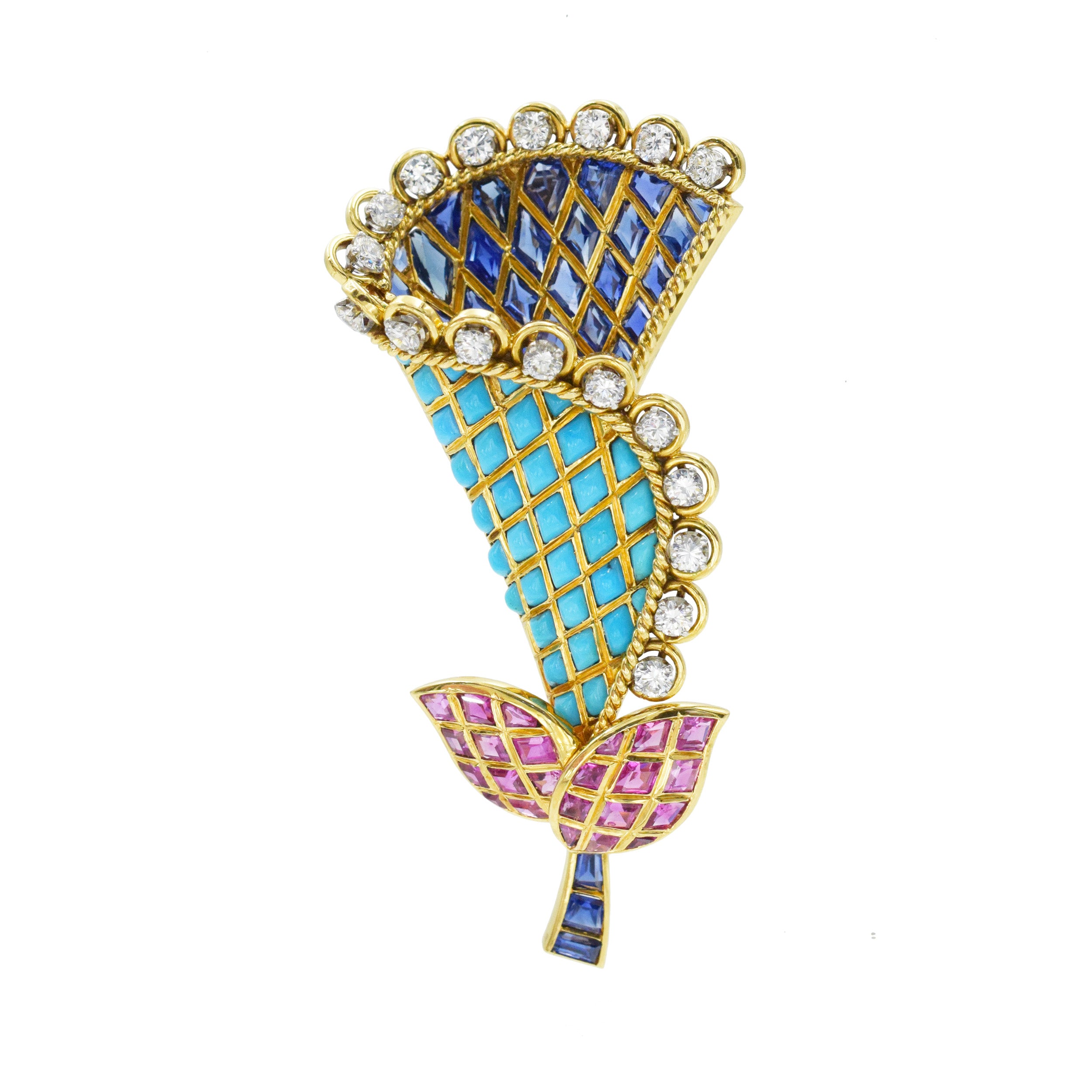1960's Cala Lilly diamond and gemstone brooch in 18k yellow gold. Made in France.