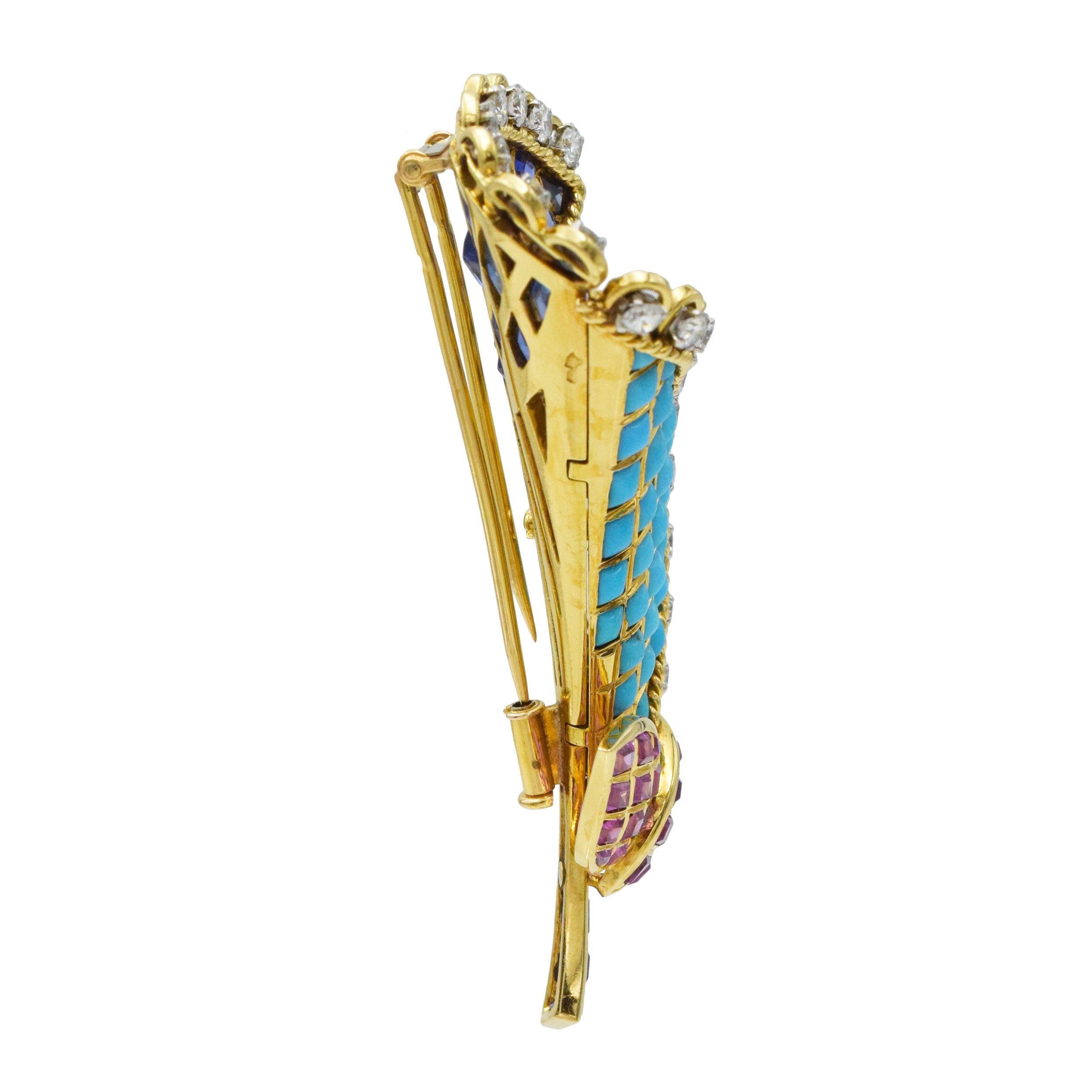 1960's Cala Lilly diamond and gemstone brooch in 18k yellow gold. Made in France.