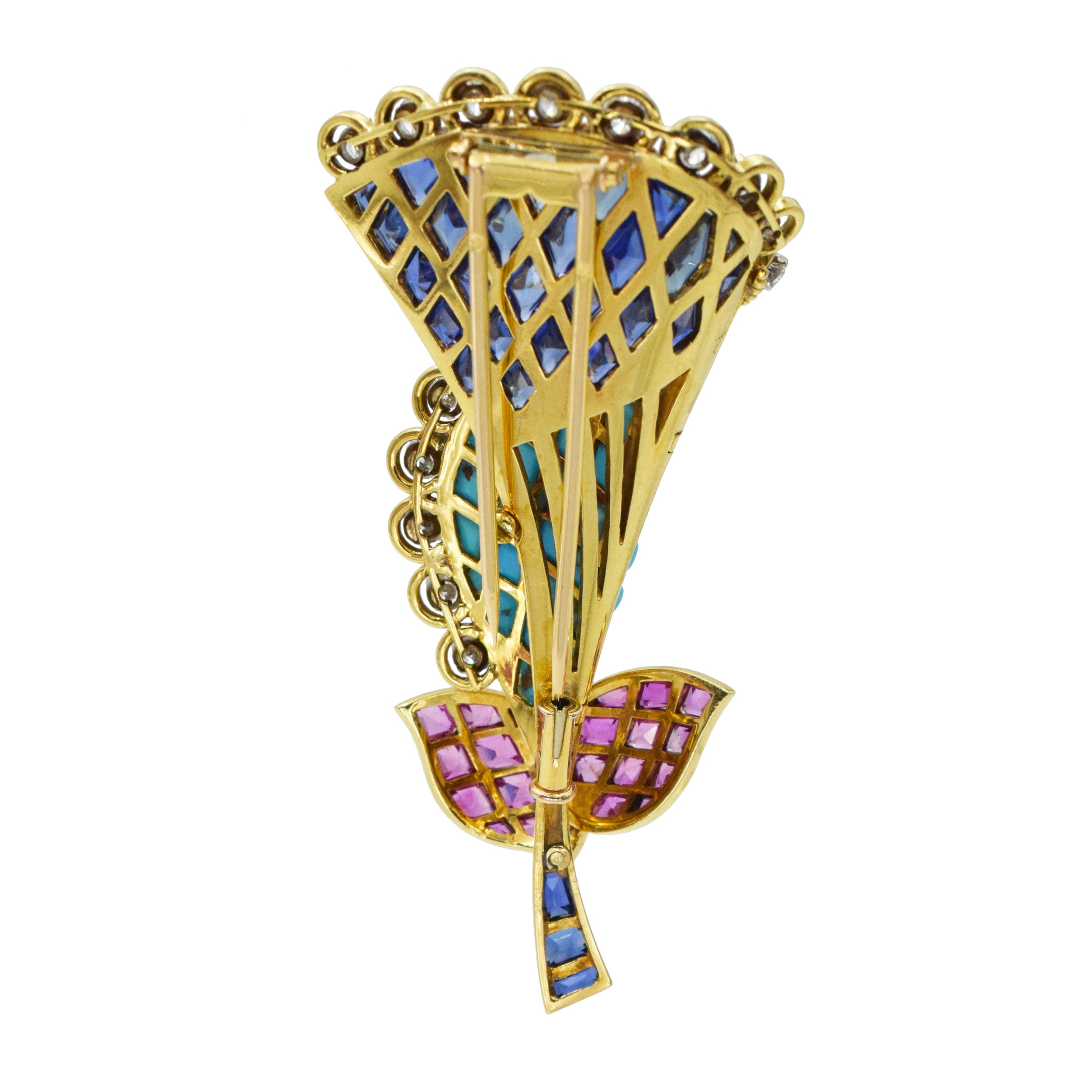 1960's Cala Lilly diamond and gemstone brooch in 18k yellow gold. Made in France.