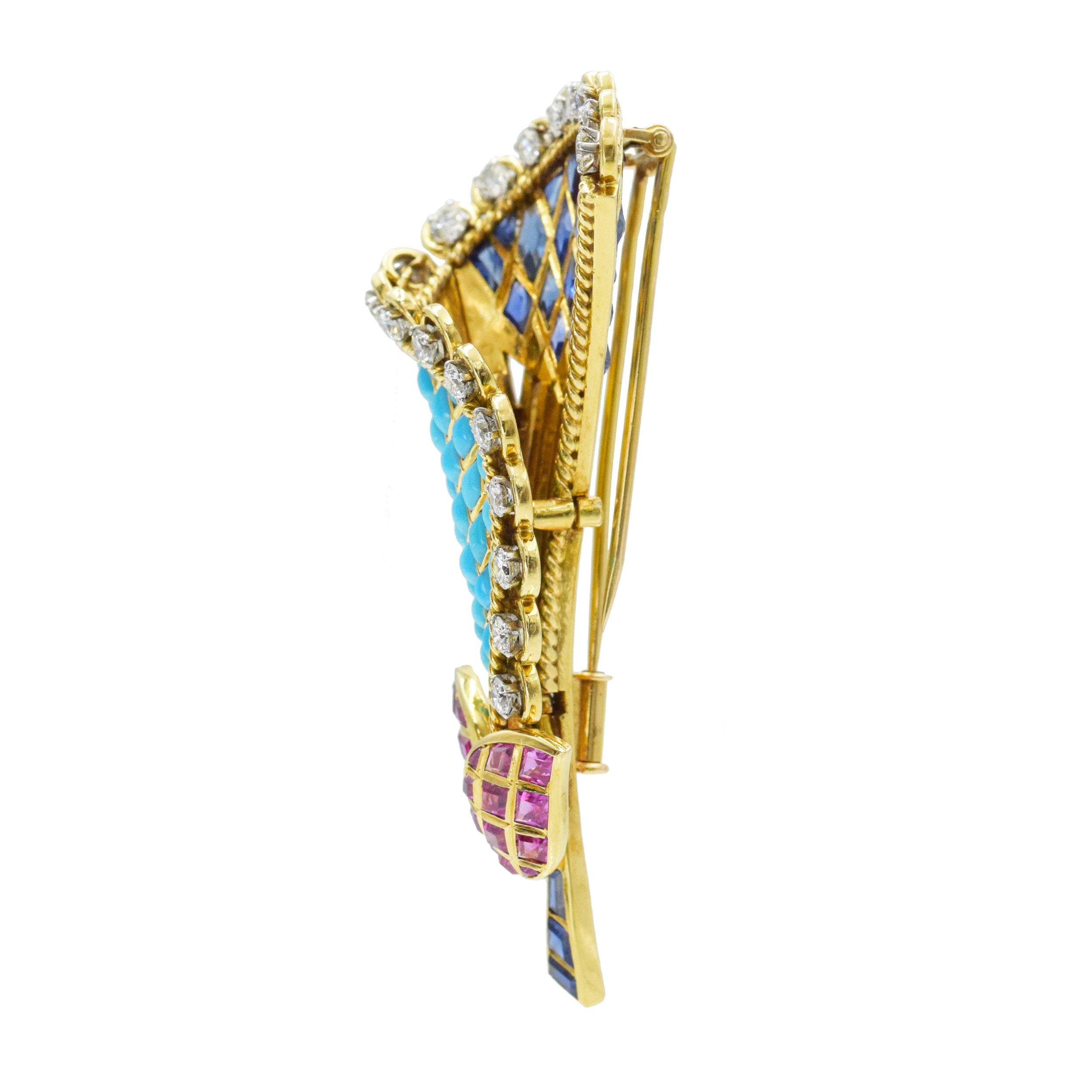 1960's Cala Lilly diamond and gemstone brooch in 18k yellow gold. Made in France.