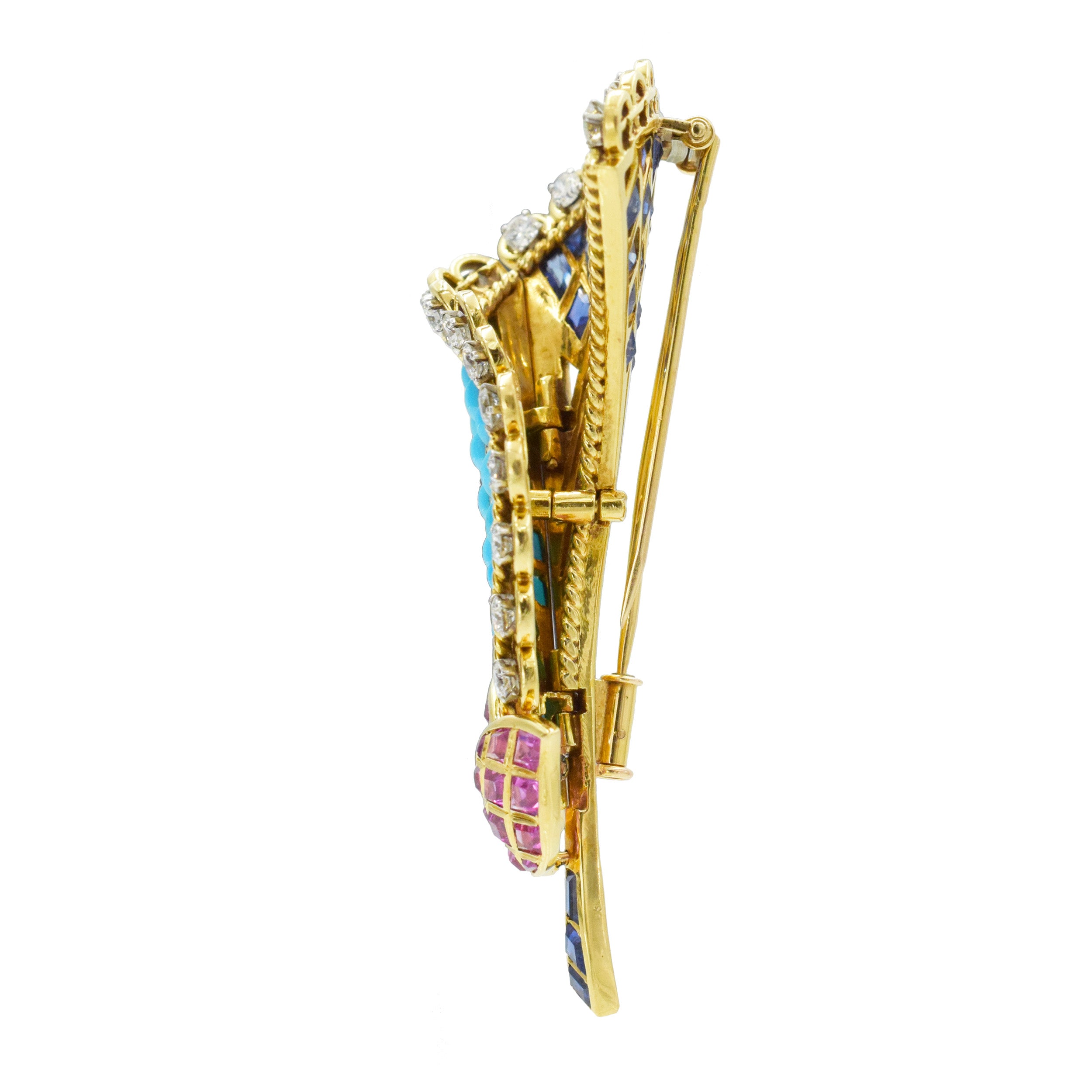1960's Cala Lilly diamond and gemstone brooch in 18k yellow gold. Made in France.