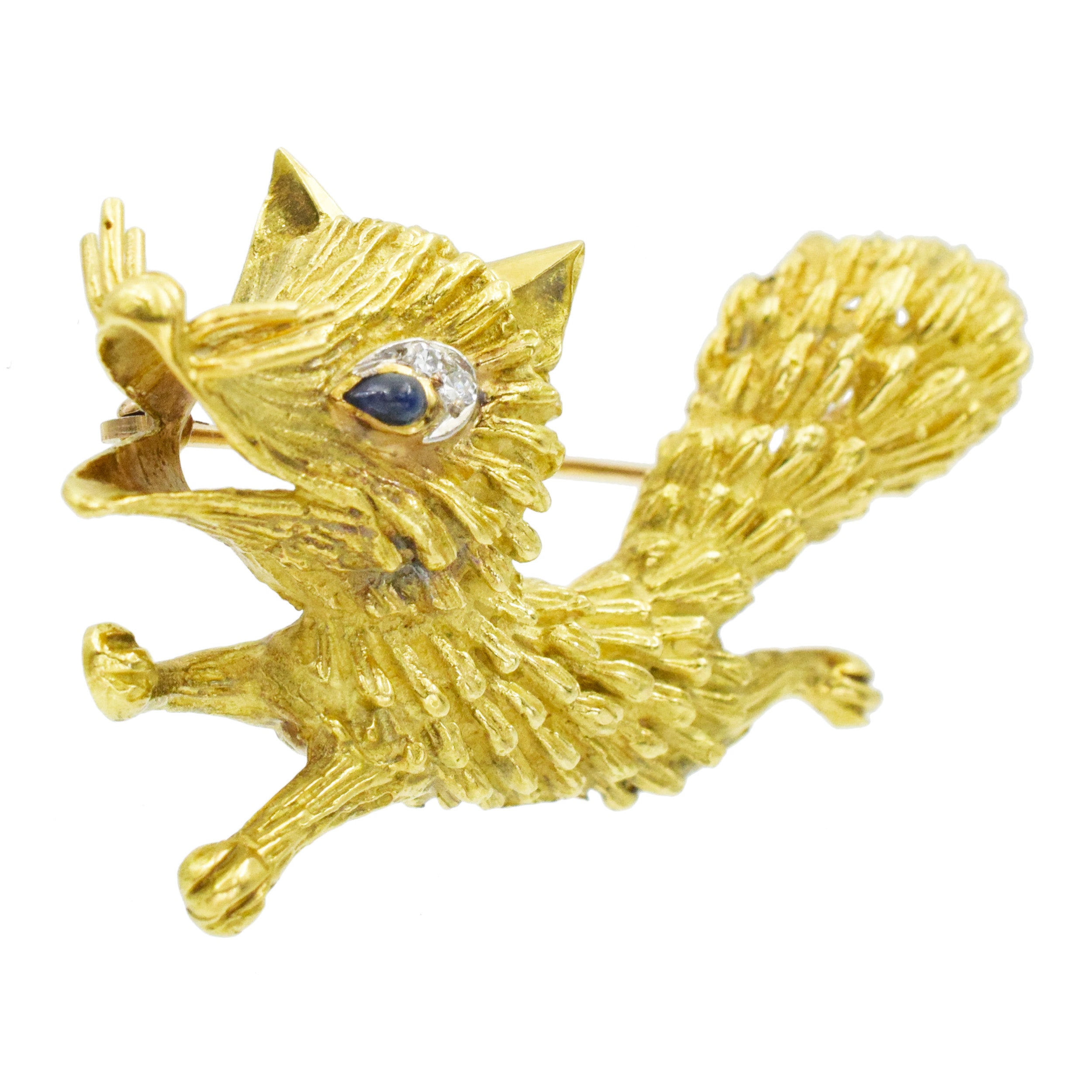 18k Yellow Gold Fox Brooch with Diamond and Sapphire Accents.