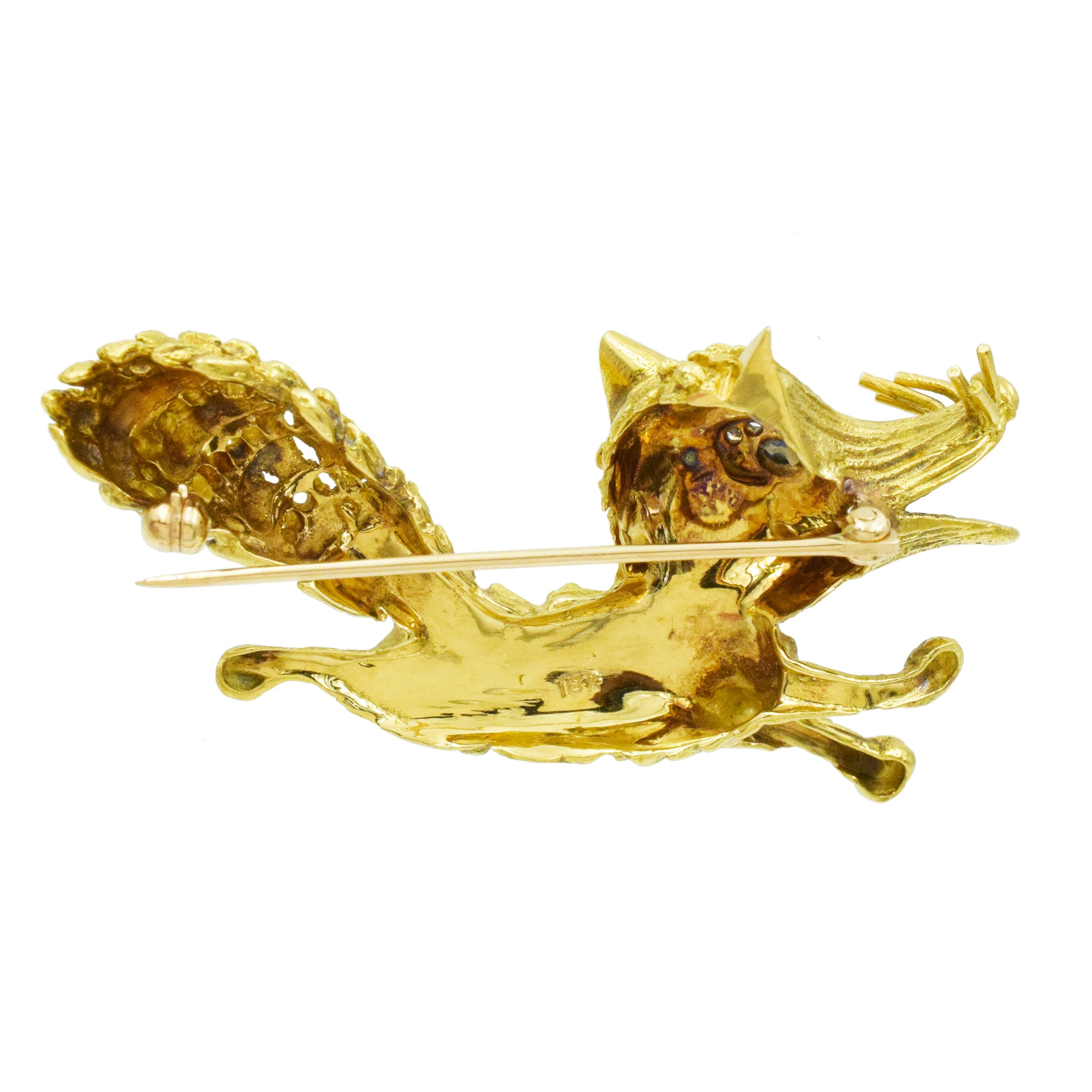 18k Yellow Gold Fox Brooch with Diamond and Sapphire Accents.