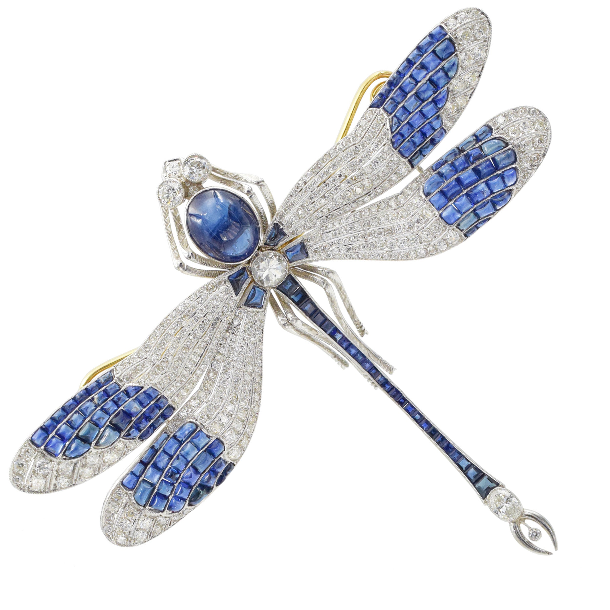 Platinum, Gold, Cabochon Sapphire and Diamond Dragonfly Brooch