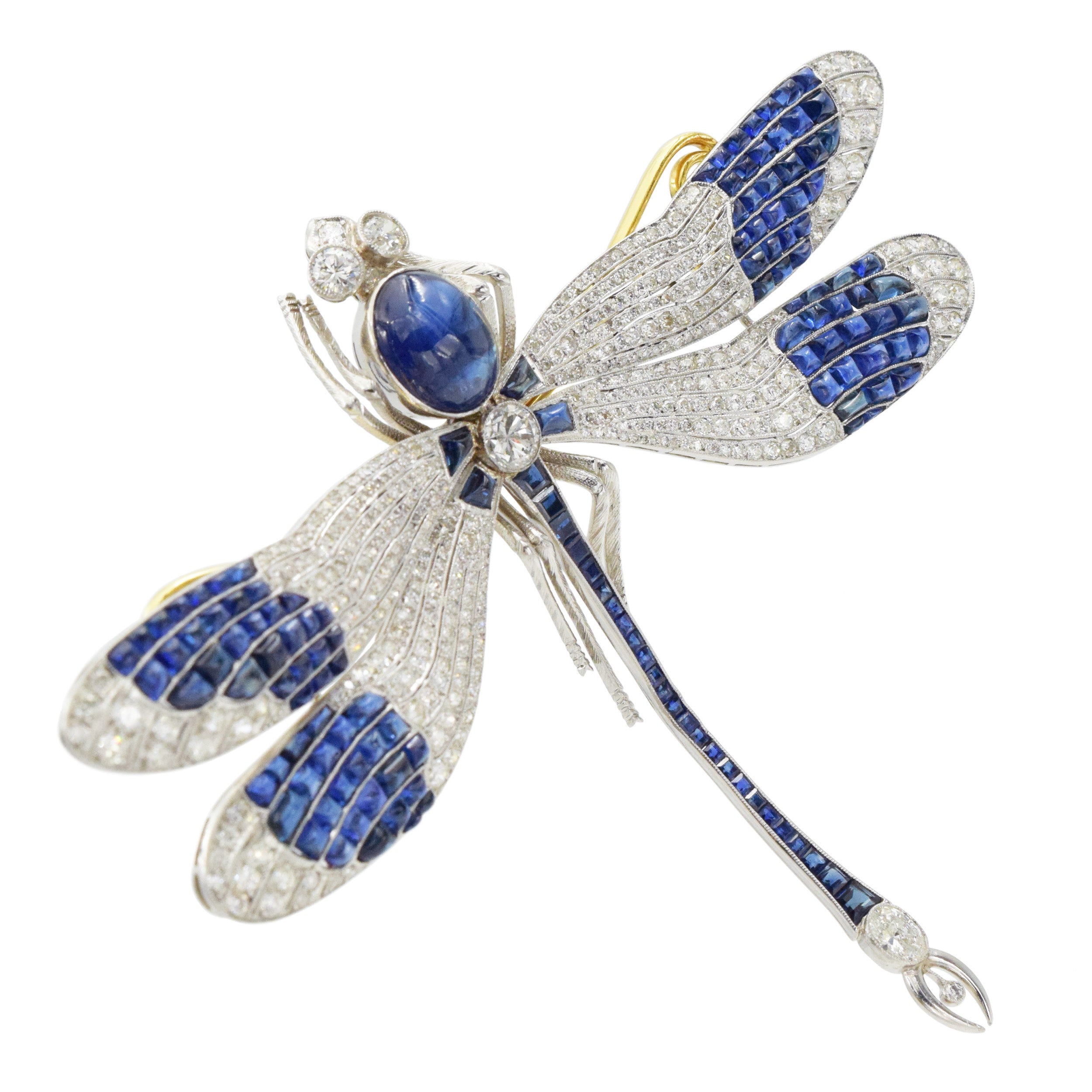 Platinum, Gold, Cabochon Sapphire and Diamond Dragonfly Brooch