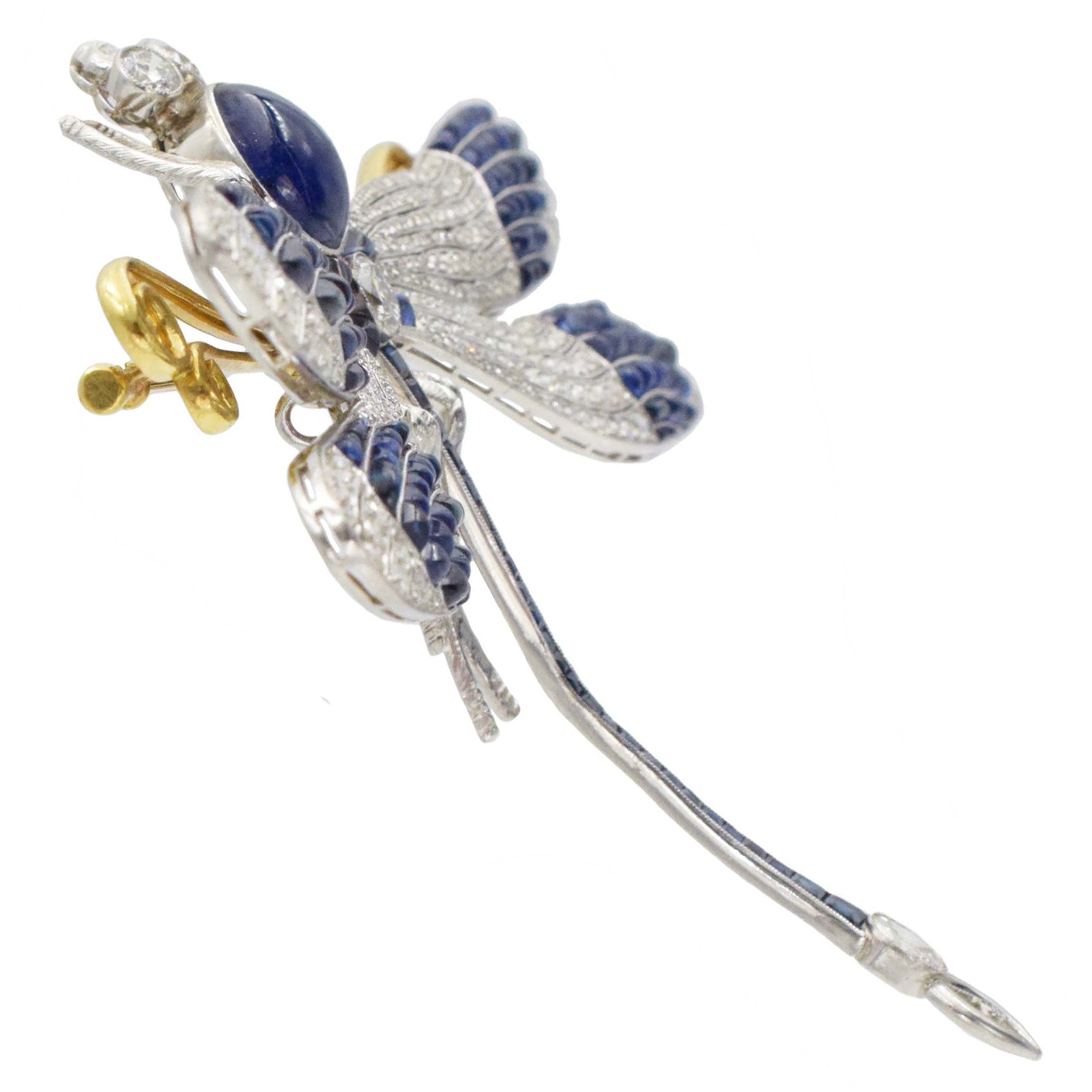 Platinum, Gold, Cabochon Sapphire and Diamond Dragonfly Brooch