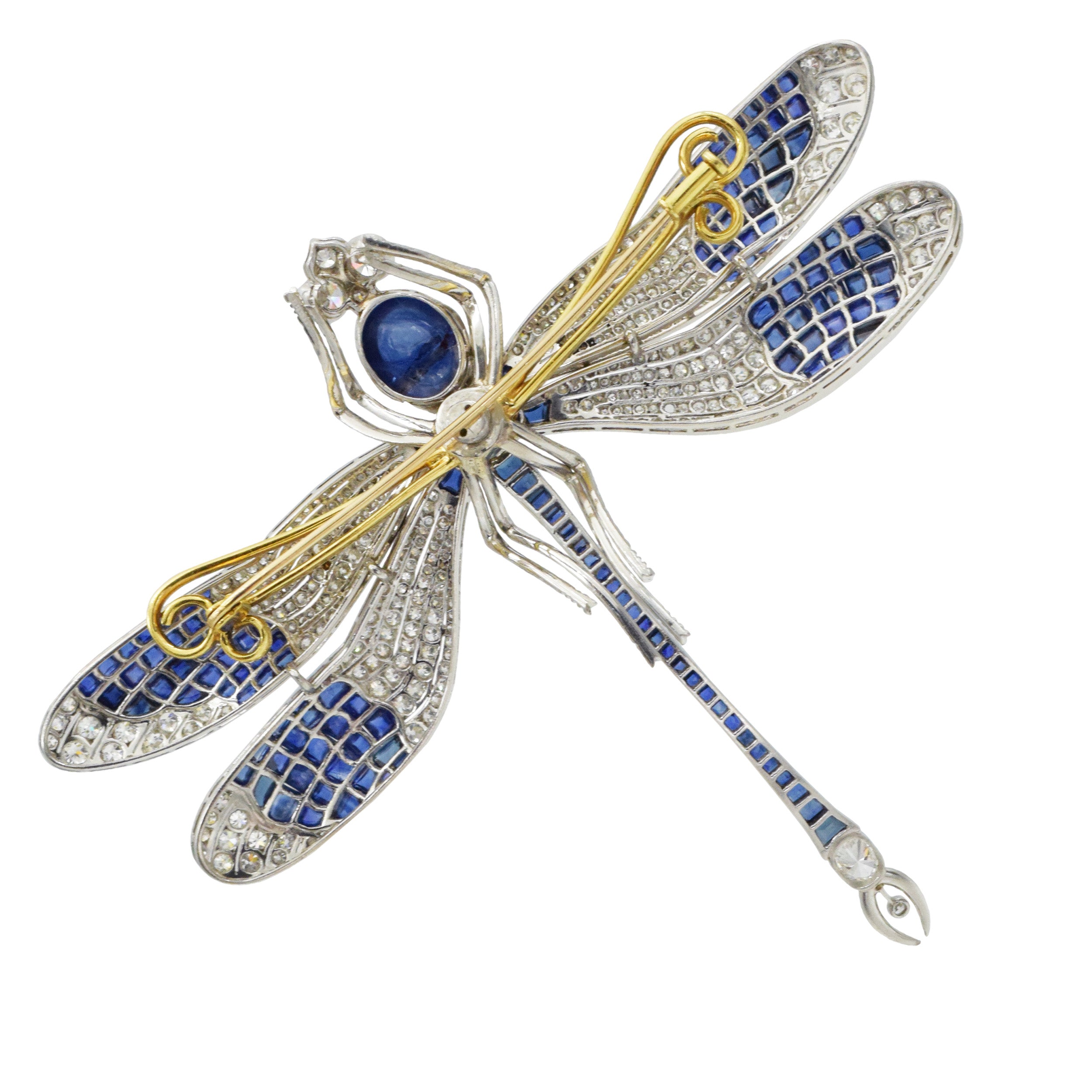 Platinum, Gold, Cabochon Sapphire and Diamond Dragonfly Brooch