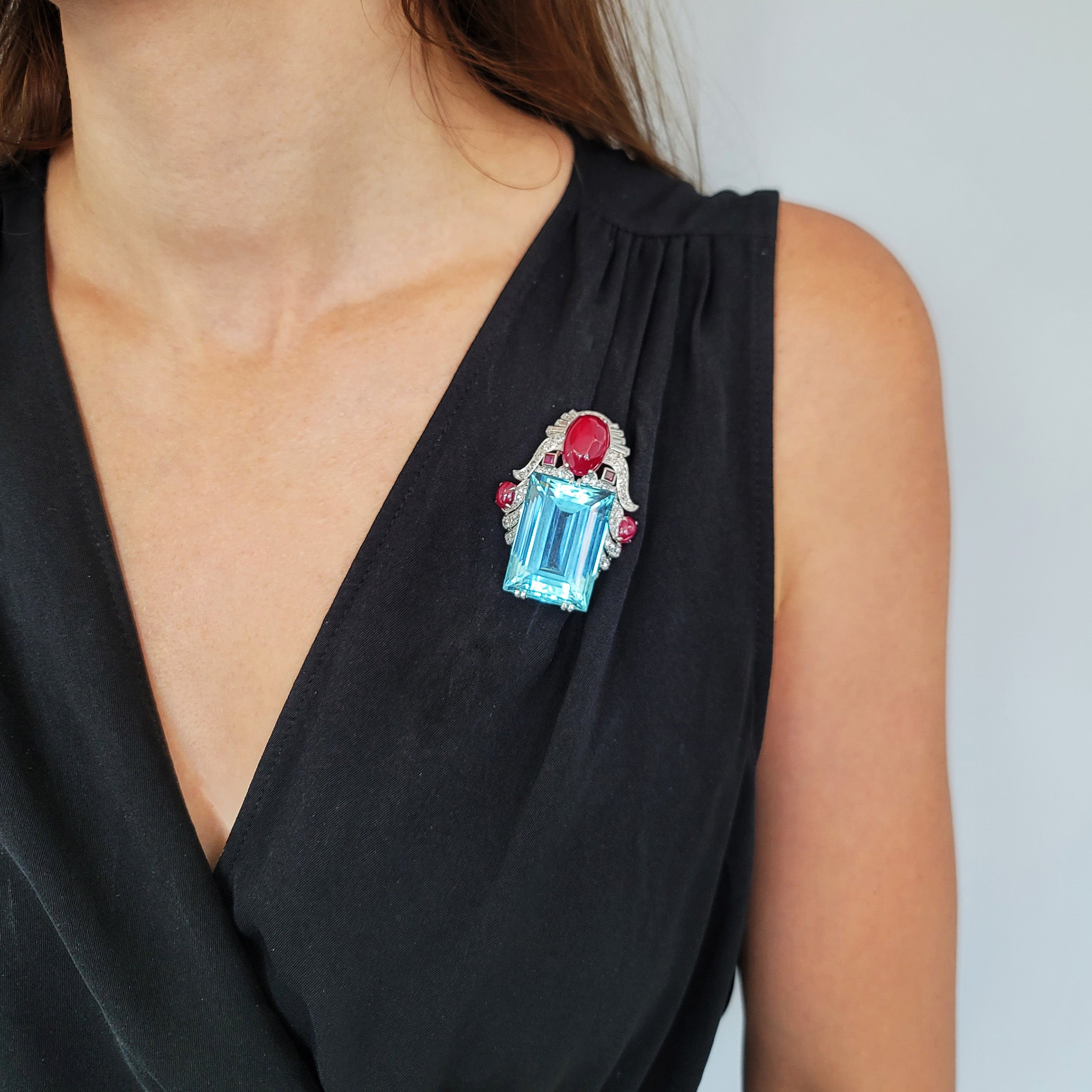 Seaman Schepps Aquamarine, Diamond and Synthetic Ruby Brooch