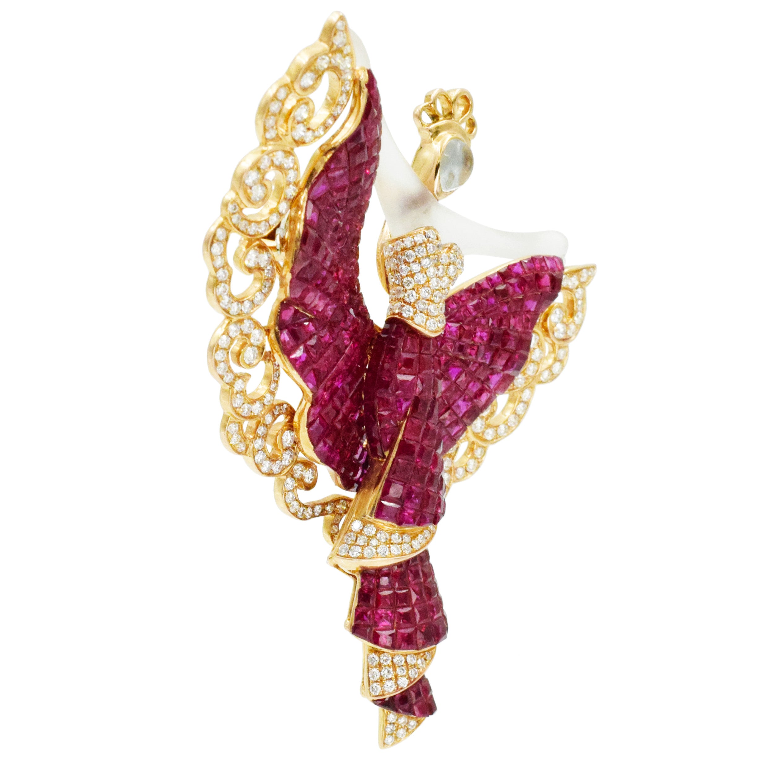 Invisibly set ruby, diamond and crystal brooch in 18k yellow gold.