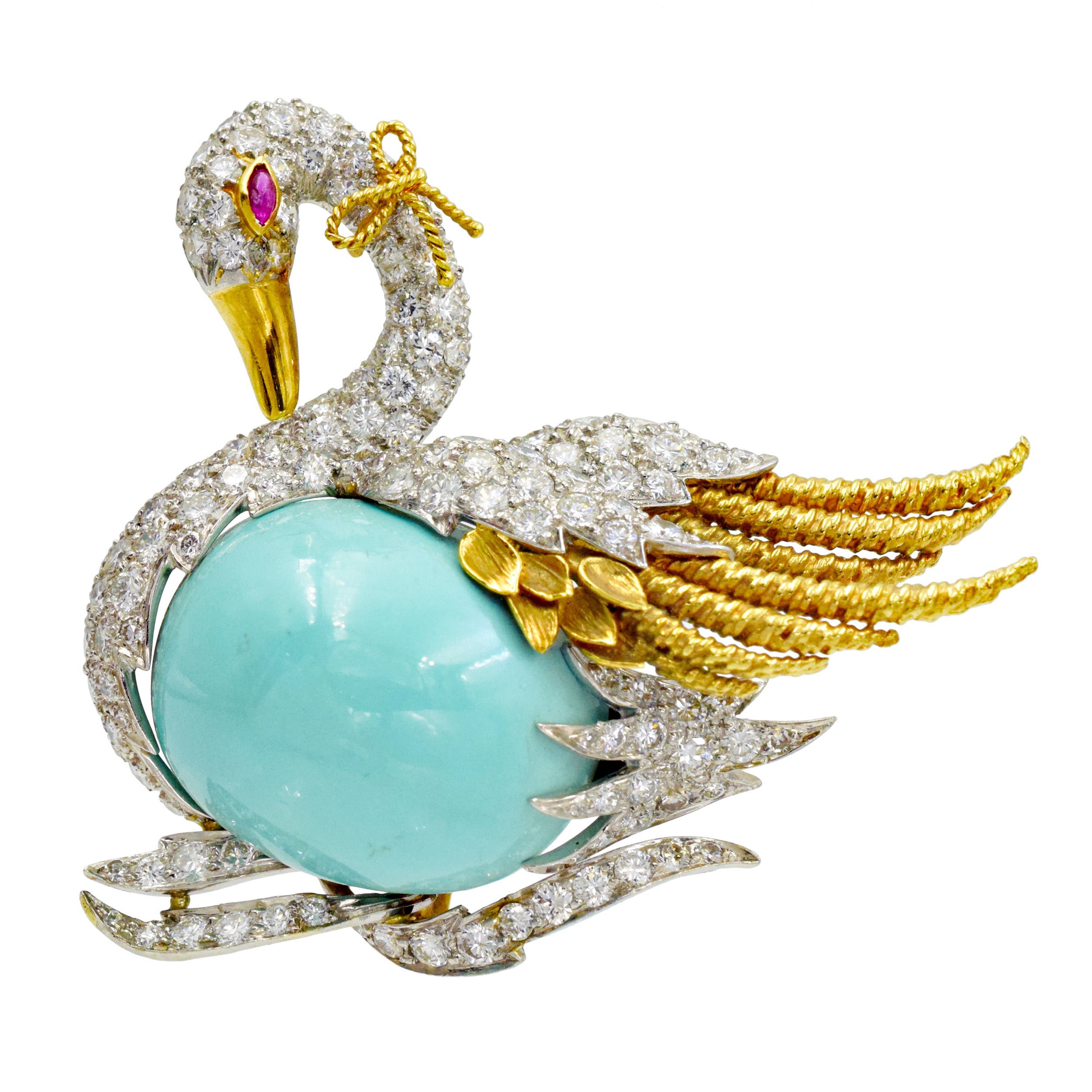 David Webb Turquoise, diamond and ruby swan brooch