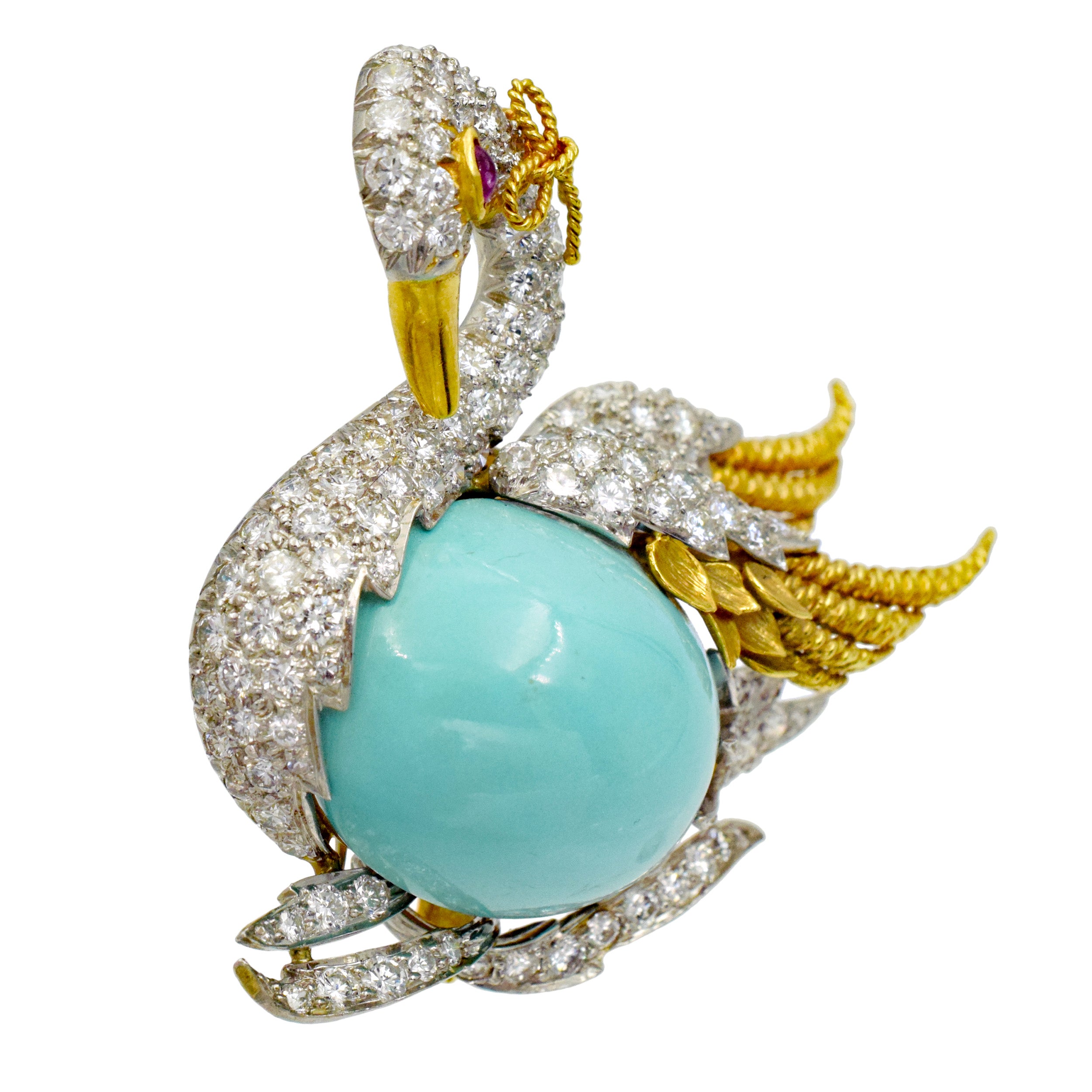 David Webb Turquoise, diamond and ruby swan brooch