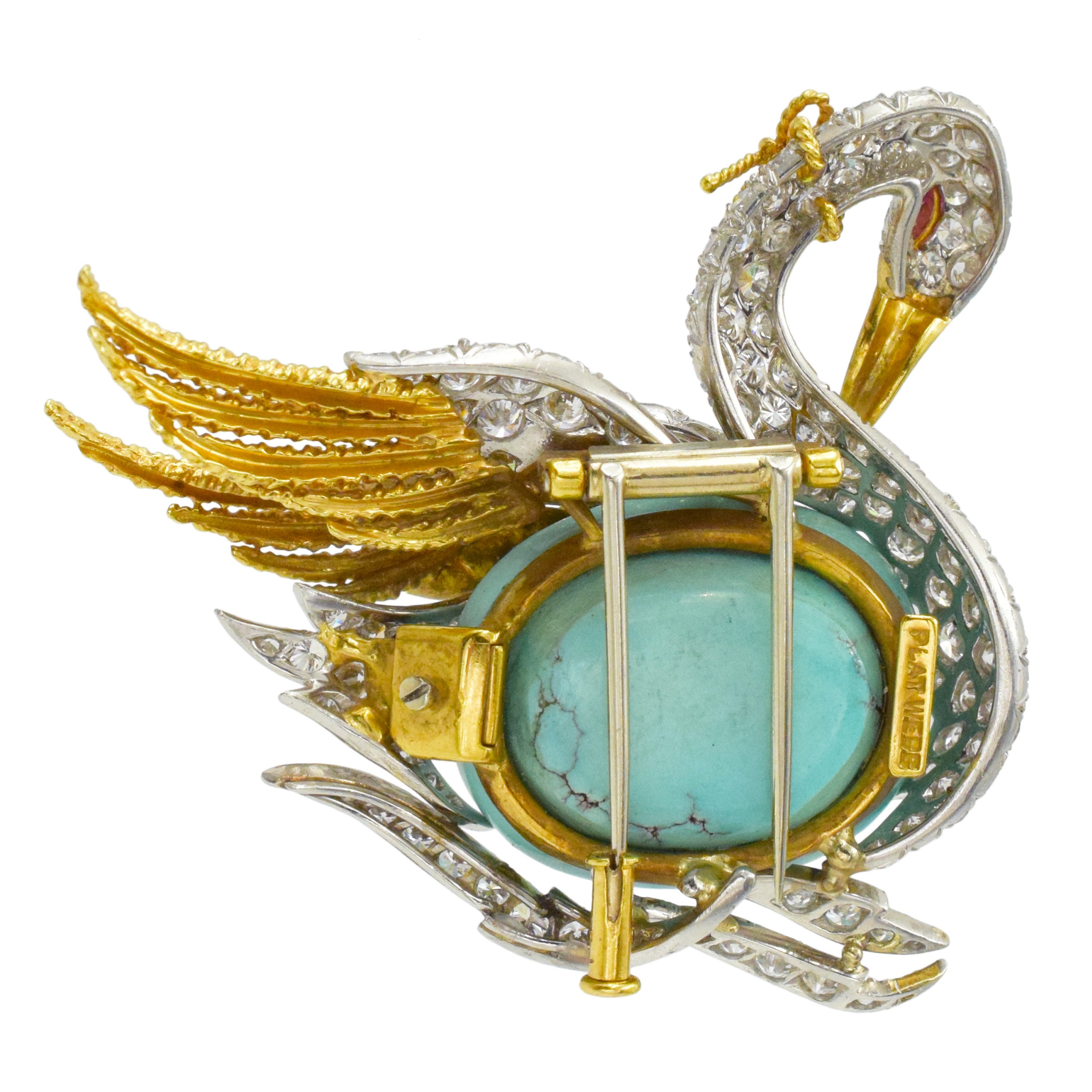 David Webb Turquoise, diamond and ruby swan brooch