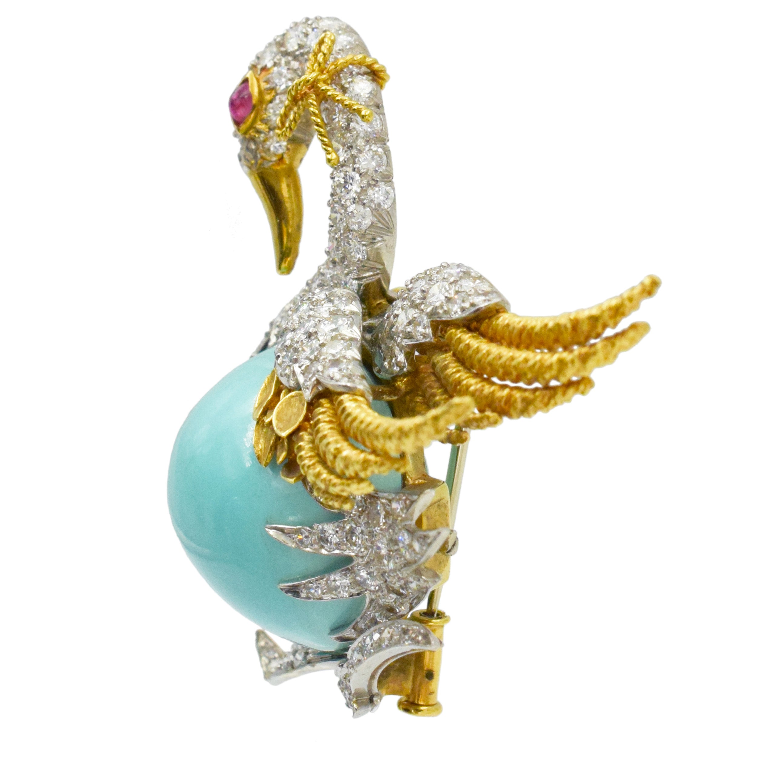 David Webb Turquoise, diamond and ruby swan brooch