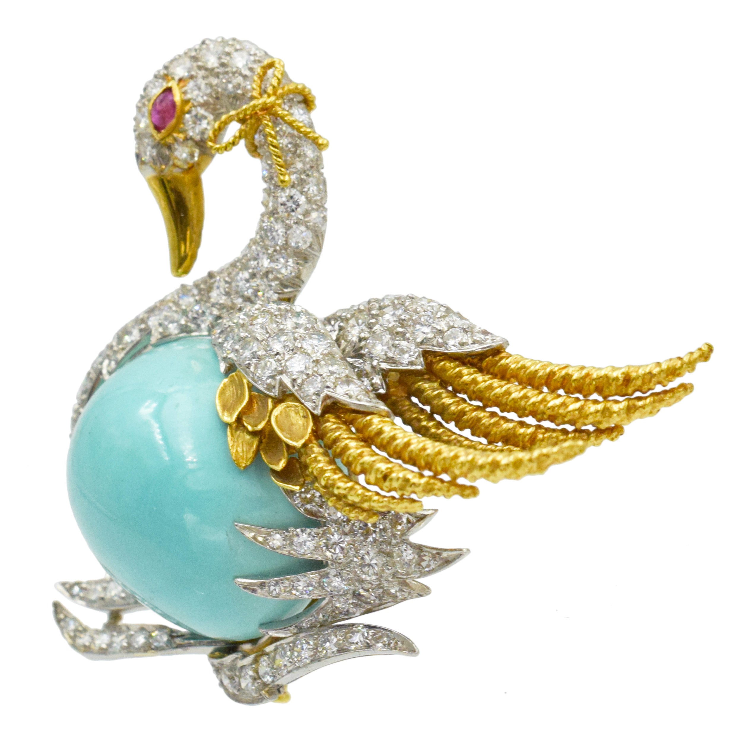 David Webb Turquoise, diamond and ruby swan brooch