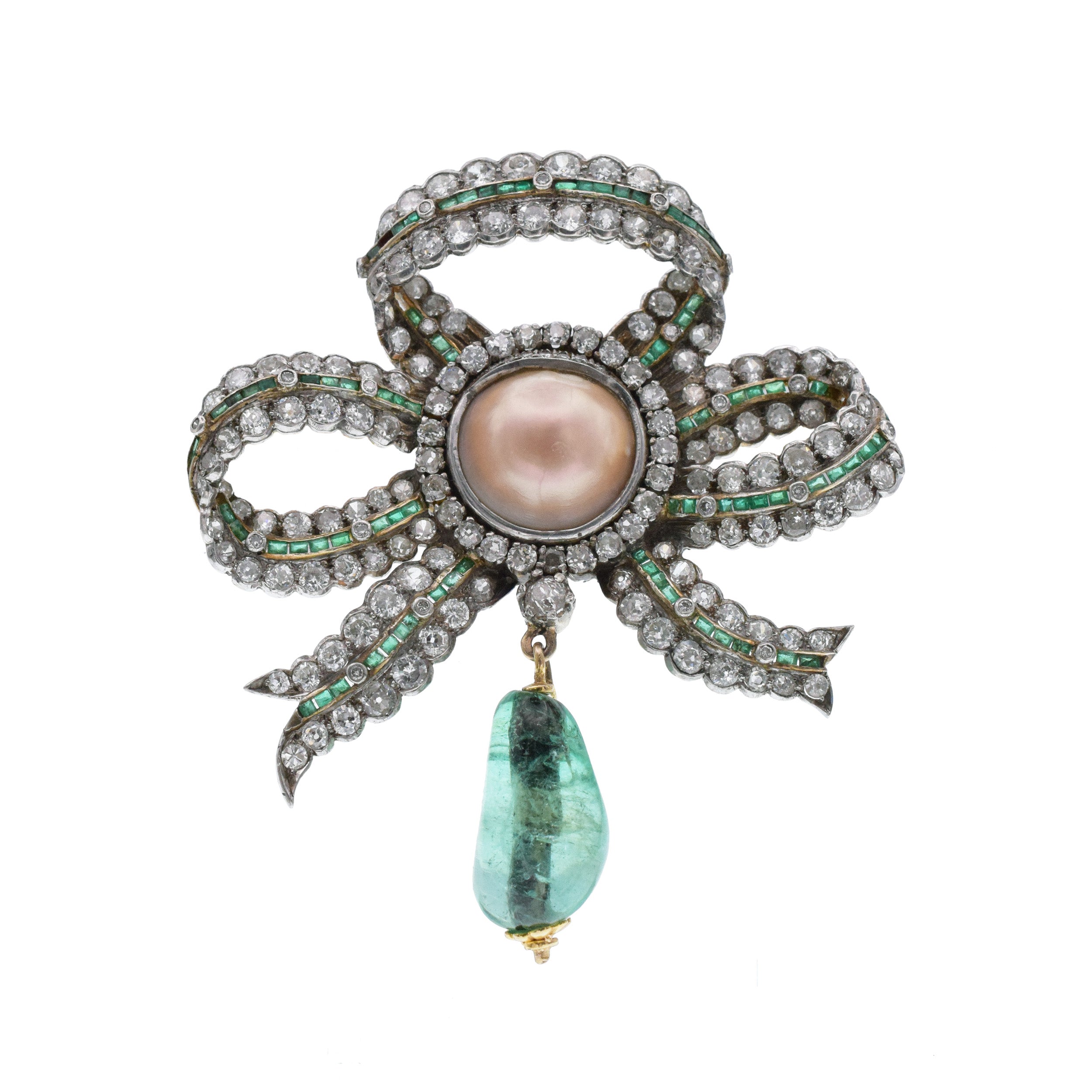 Victorian Emerald, Pearl, And Diamond Bow Brooch In Gold And Platinum