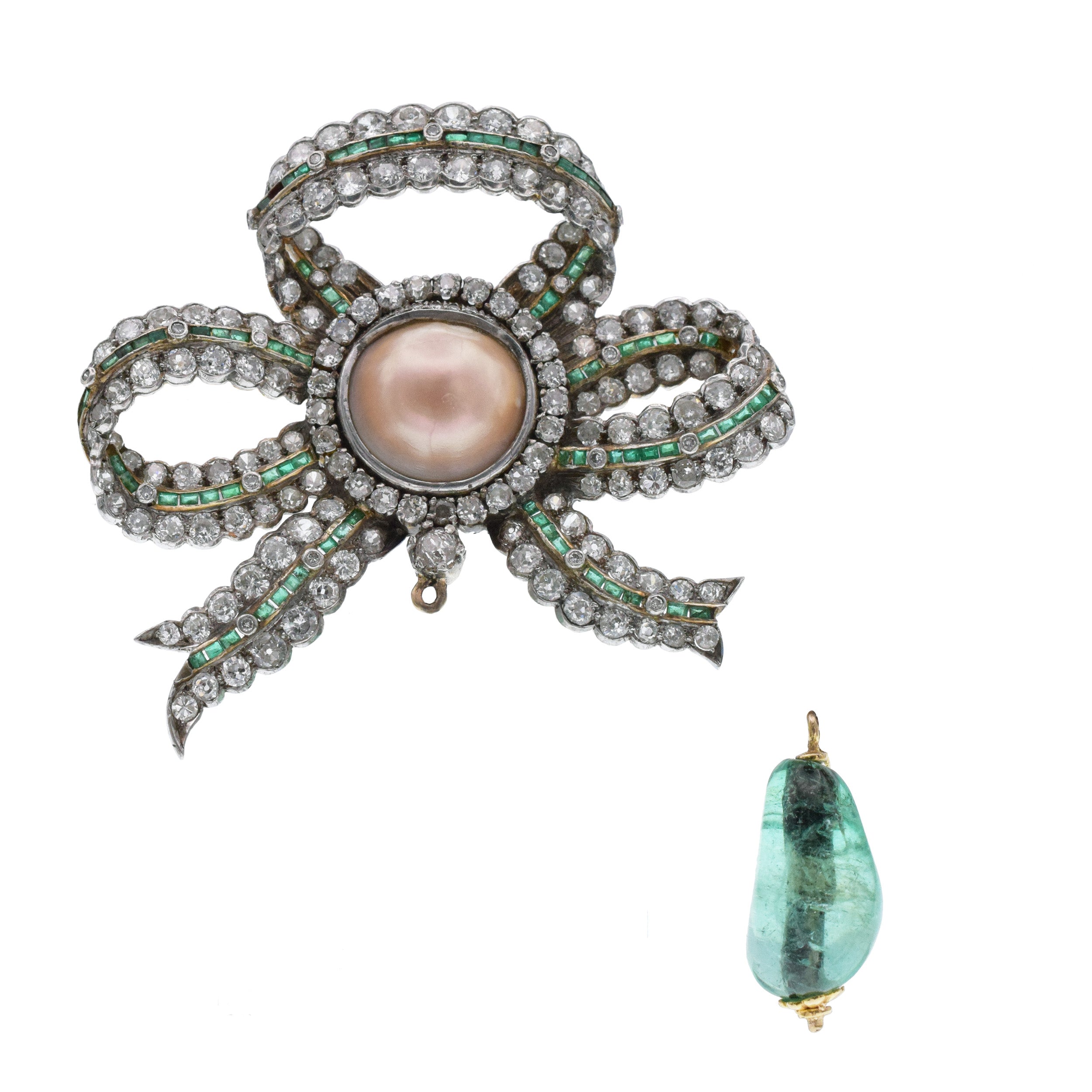Victorian Emerald, Pearl, And Diamond Bow Brooch In Gold And Platinum