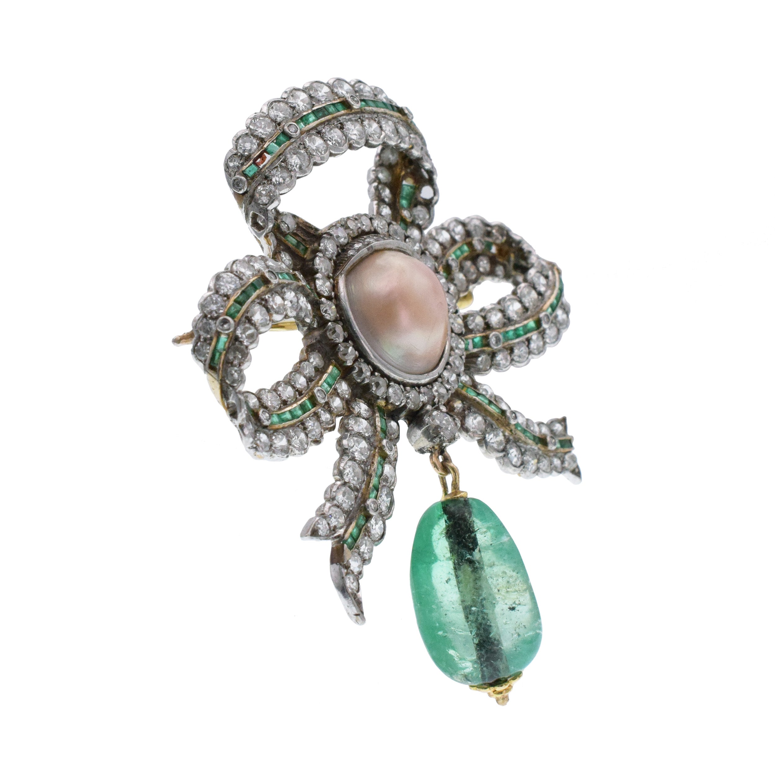 Victorian Emerald, Pearl, And Diamond Bow Brooch In Gold And Platinum
