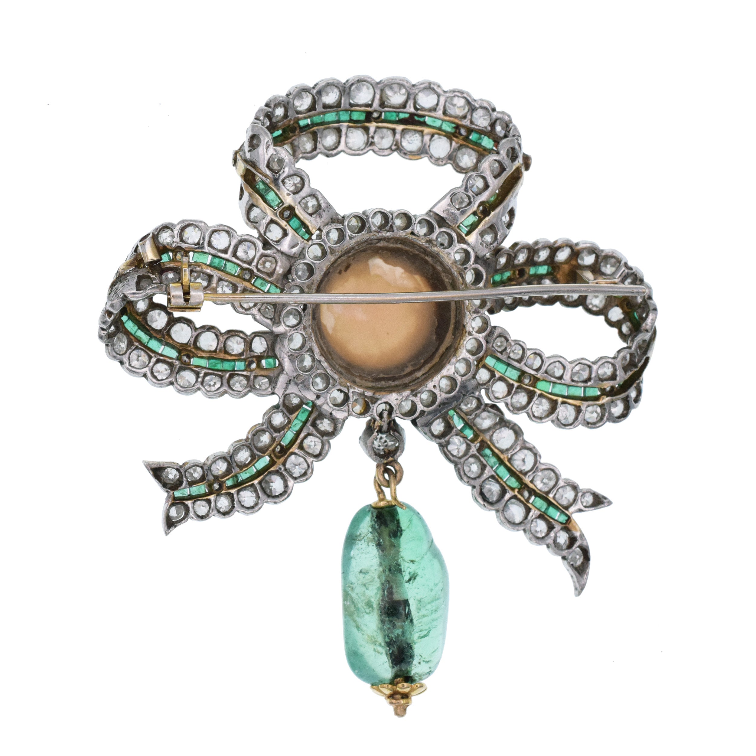 Victorian Emerald, Pearl, And Diamond Bow Brooch In Gold And Platinum