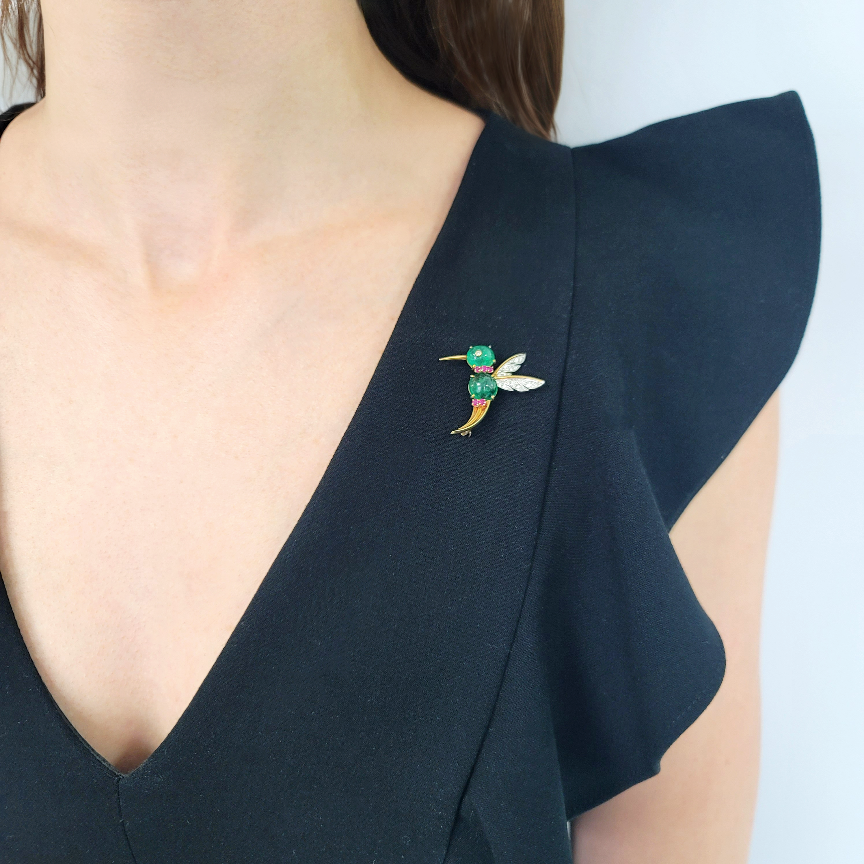 Van Cleef & Arpels Emerald, Ruby, And Diamond Hummingbird Brooch