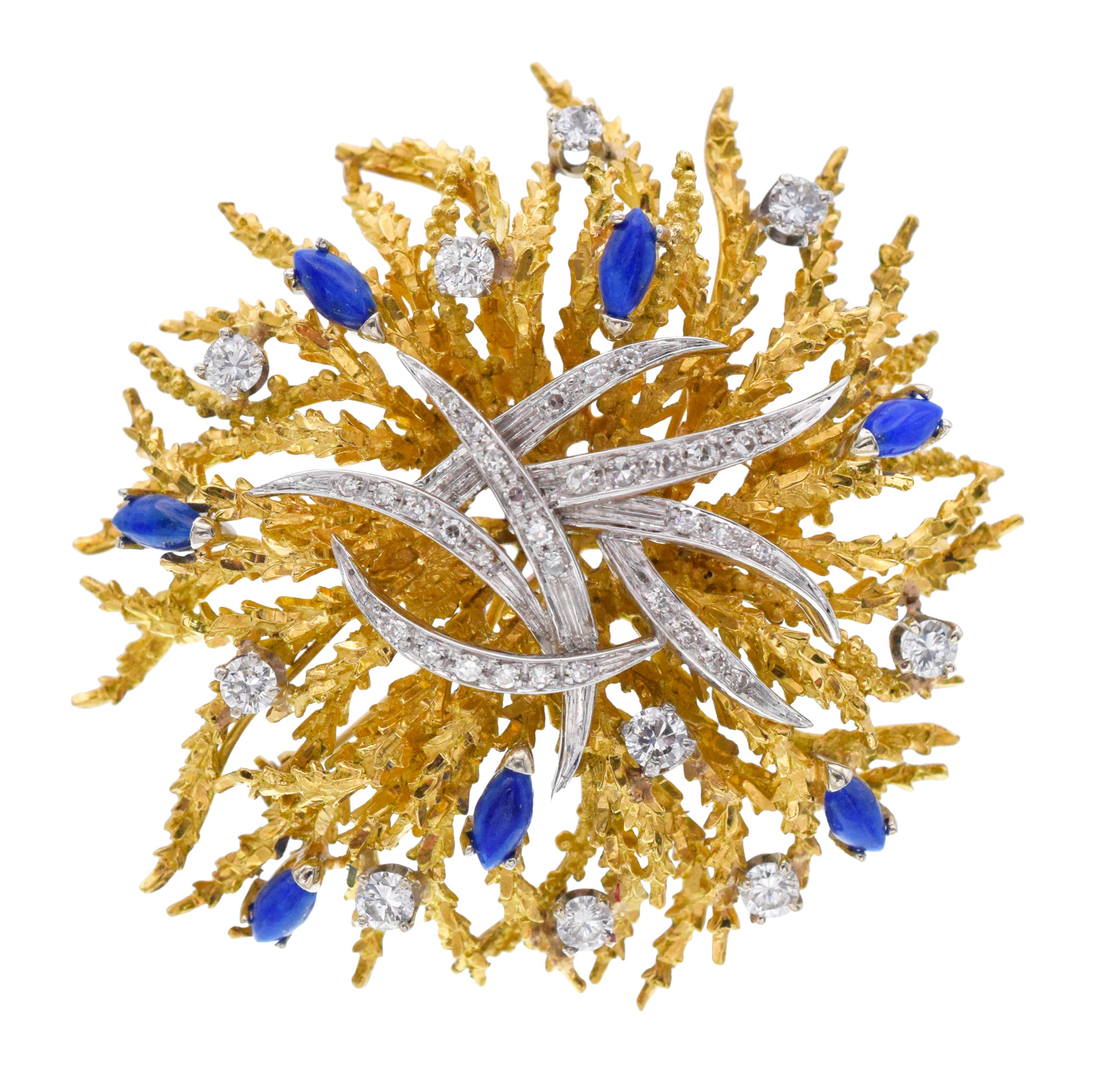 1970's Nature-Inspired Diamond And Lapis Lazuli Brooch In Gold