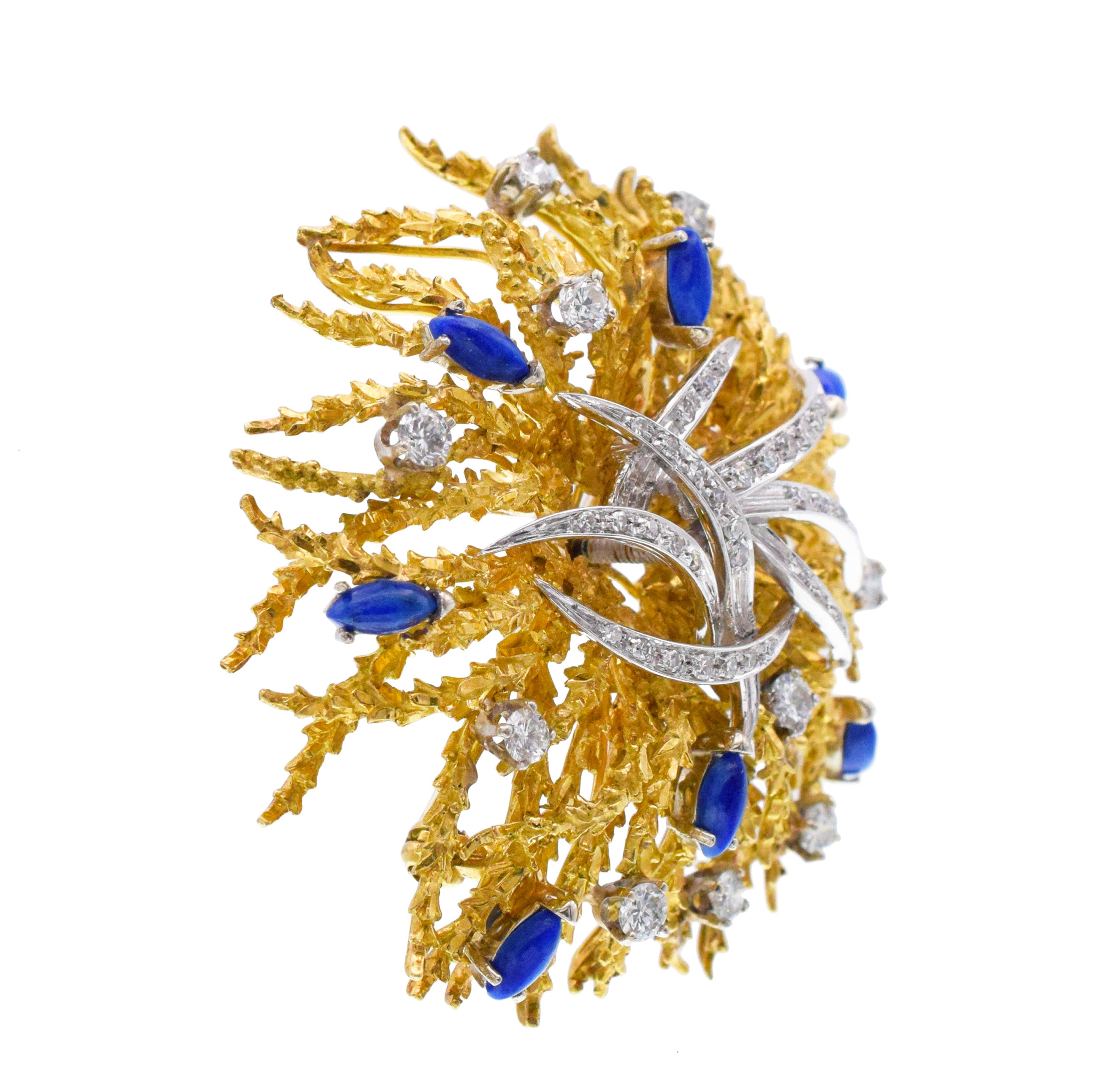 1970's Nature-Inspired Diamond And Lapis Lazuli Brooch In Gold