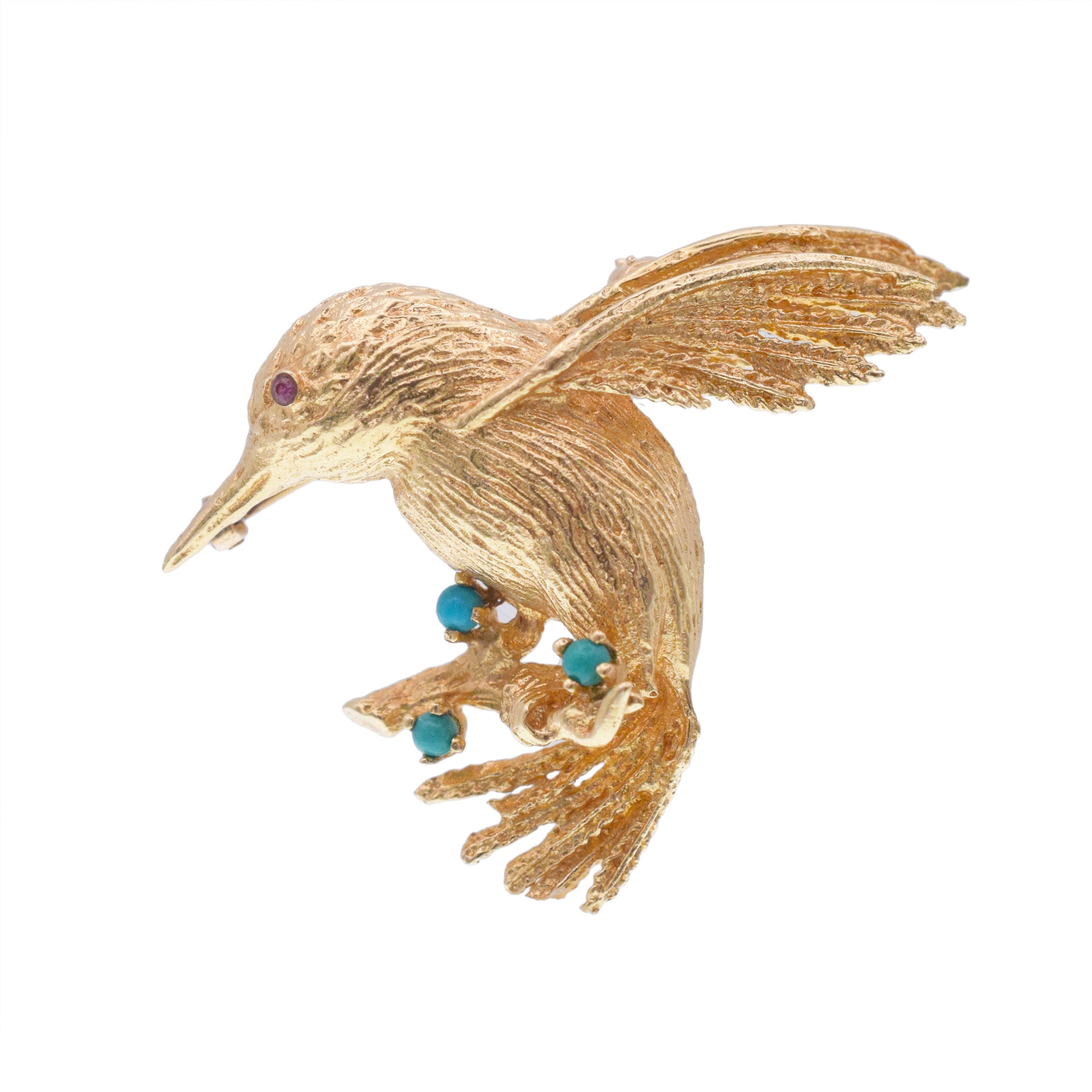 Hummingbird brooch in 12.8k yellow gold with gem accents