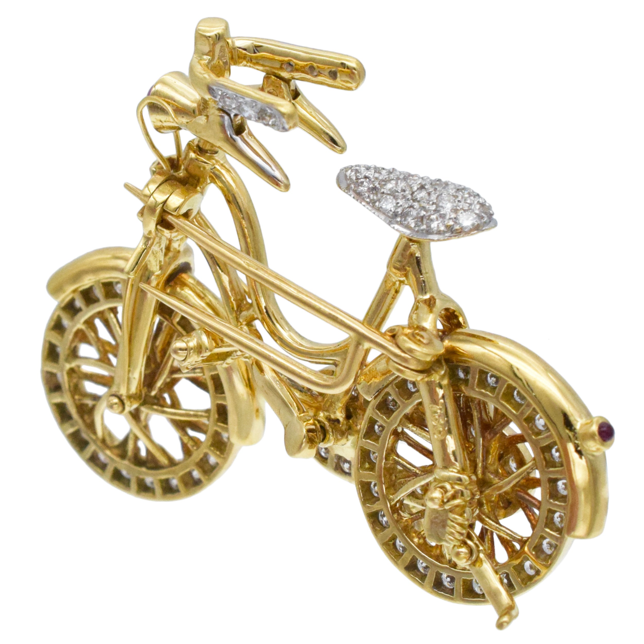 Diamond And Ruby Bicycle Brooch In 18k Yellow Gold