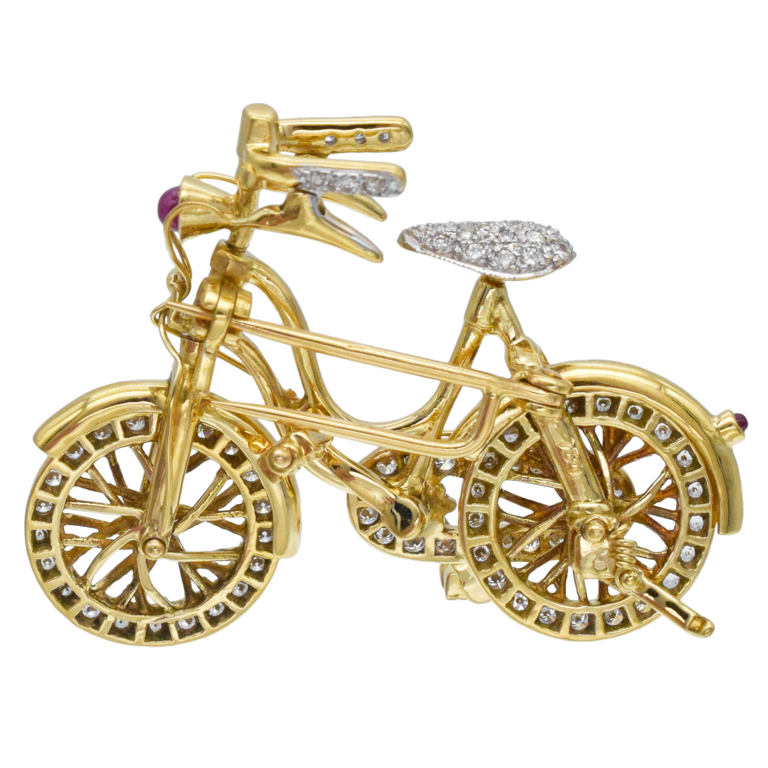 Diamond And Ruby Bicycle Brooch In 18k Yellow Gold