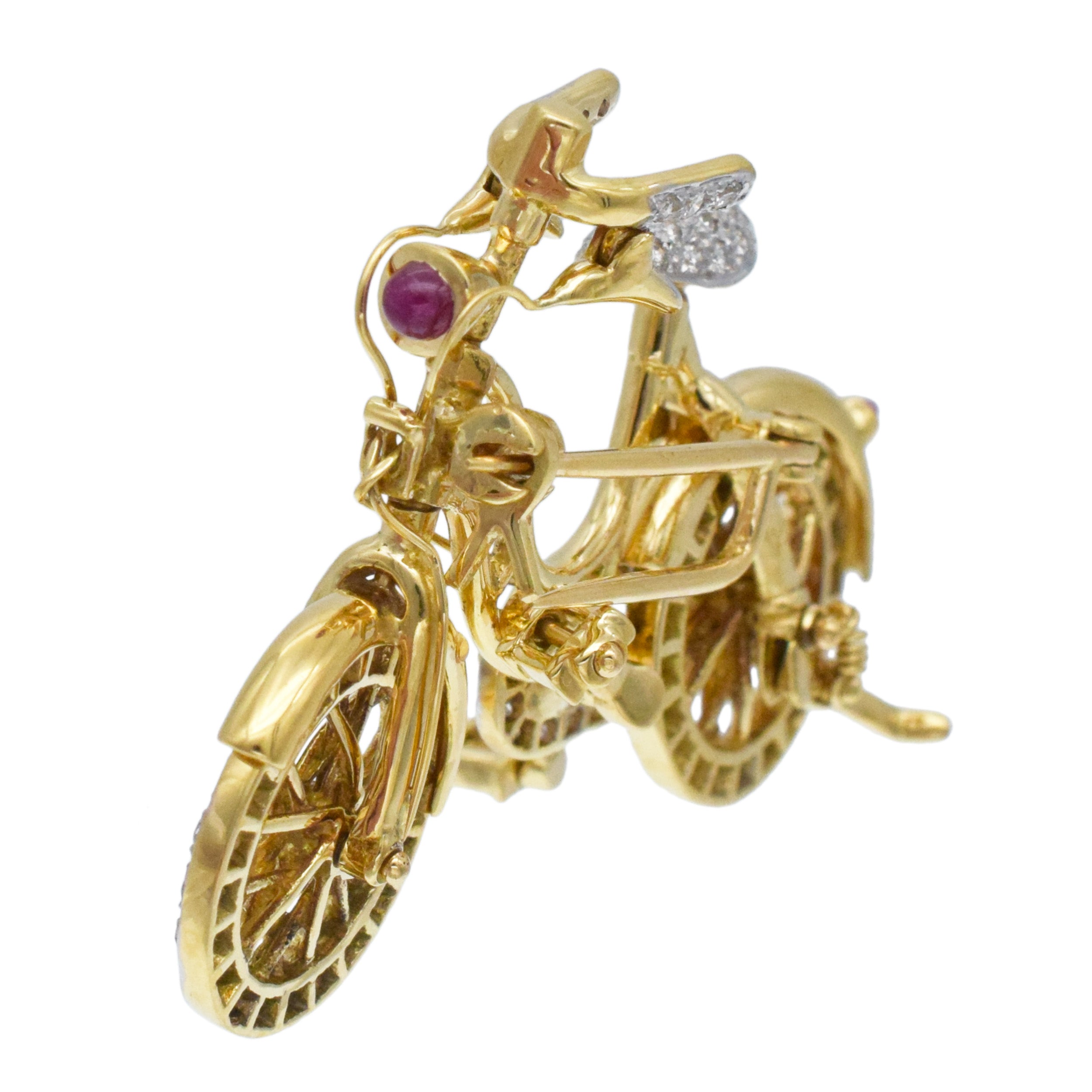 Diamond And Ruby Bicycle Brooch In 18k Yellow Gold