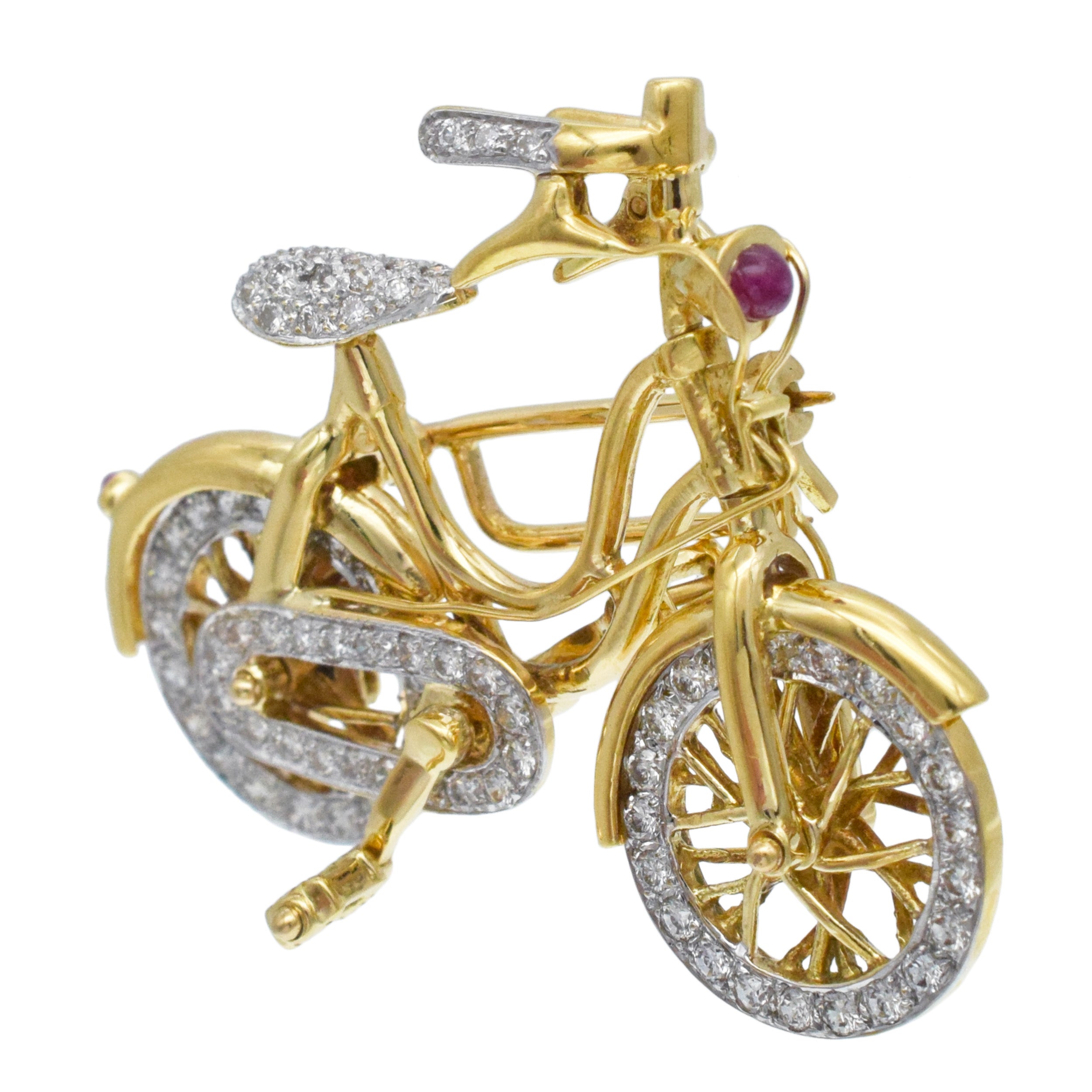 Diamond And Ruby Bicycle Brooch In 18k Yellow Gold
