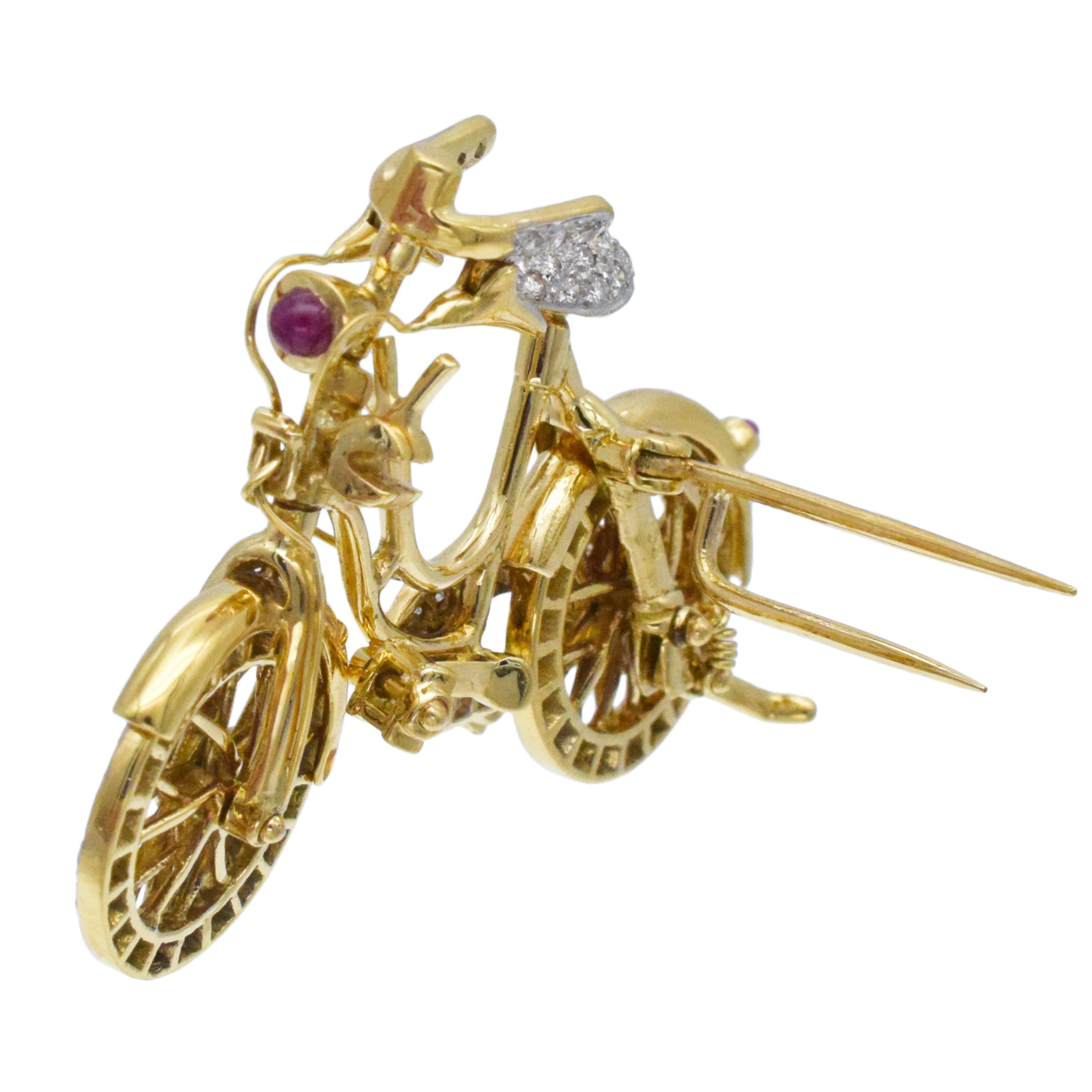 Diamond And Ruby Bicycle Brooch In 18k Yellow Gold