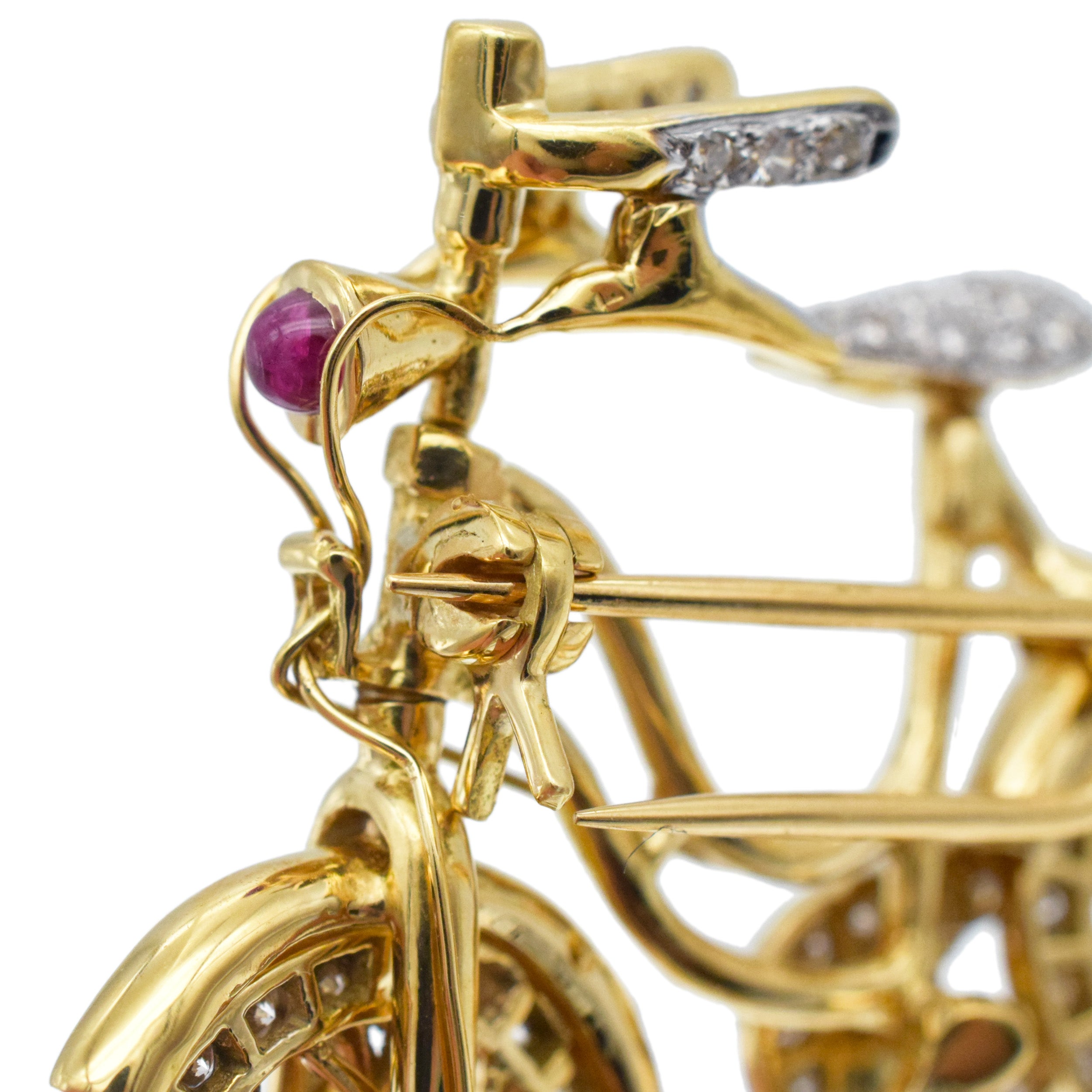 Diamond And Ruby Bicycle Brooch In 18k Yellow Gold