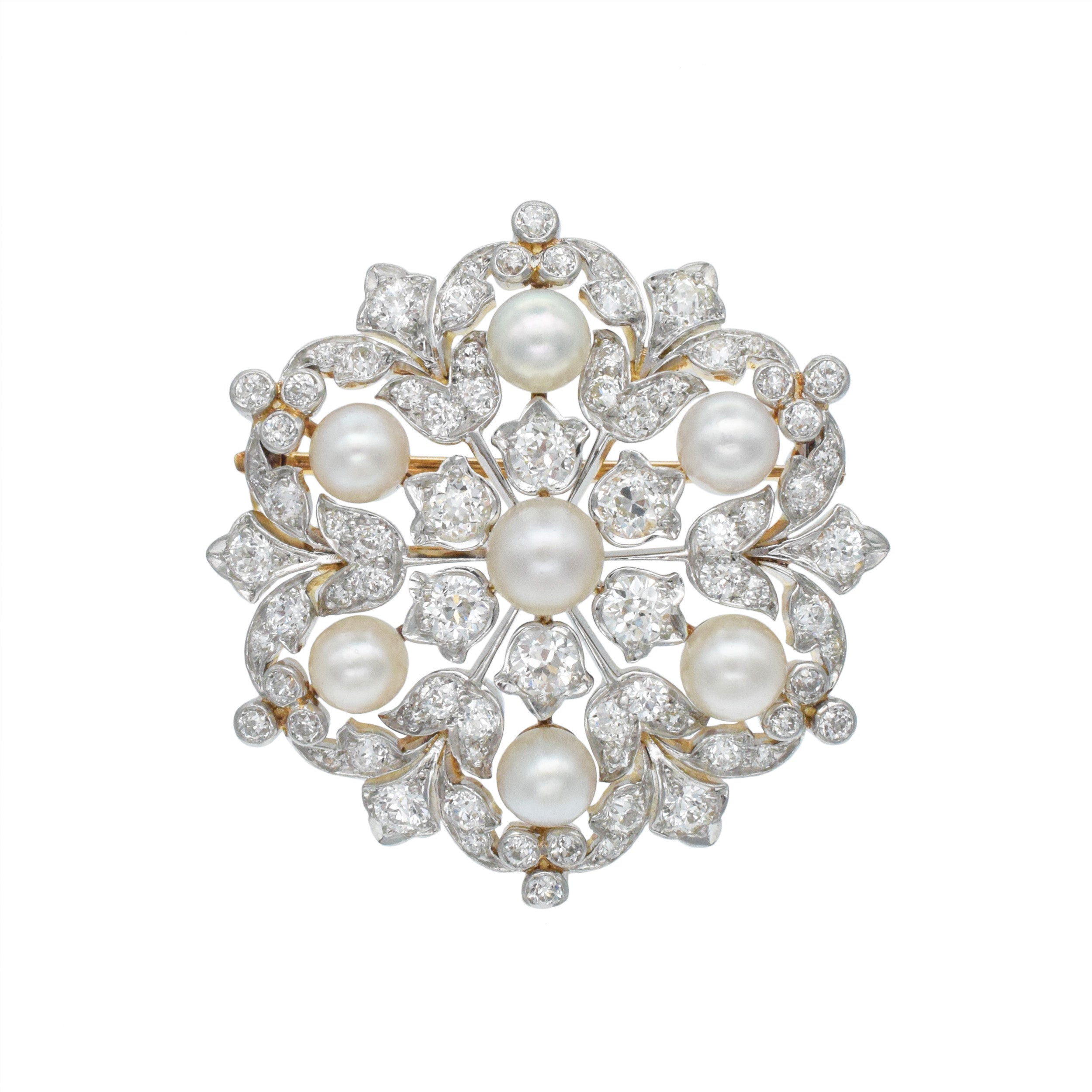 Tiffany & Co. Natural Pearl And Diamond Snowflake Brooch In Platinum Topped 18k Yellow Gold