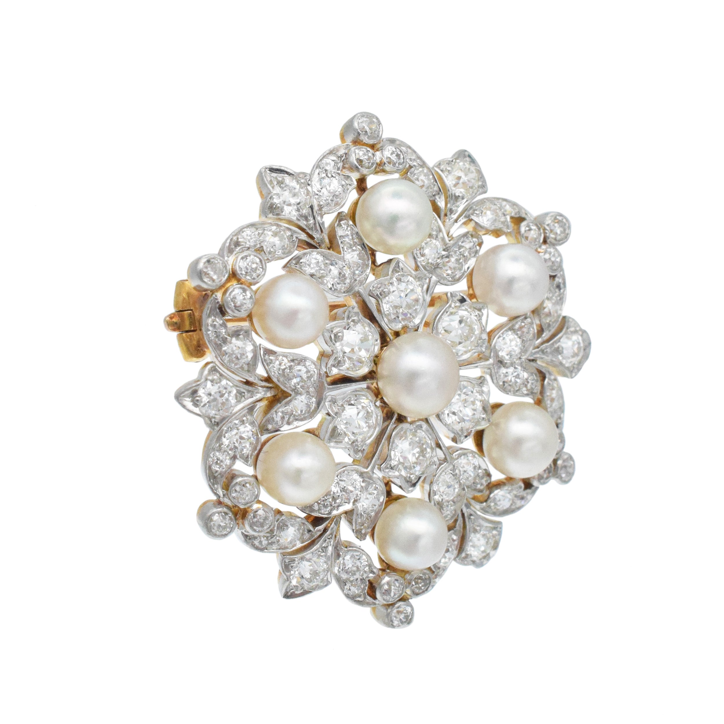 Tiffany & Co. Natural Pearl And Diamond Snowflake Brooch In Platinum Topped 18k Yellow Gold