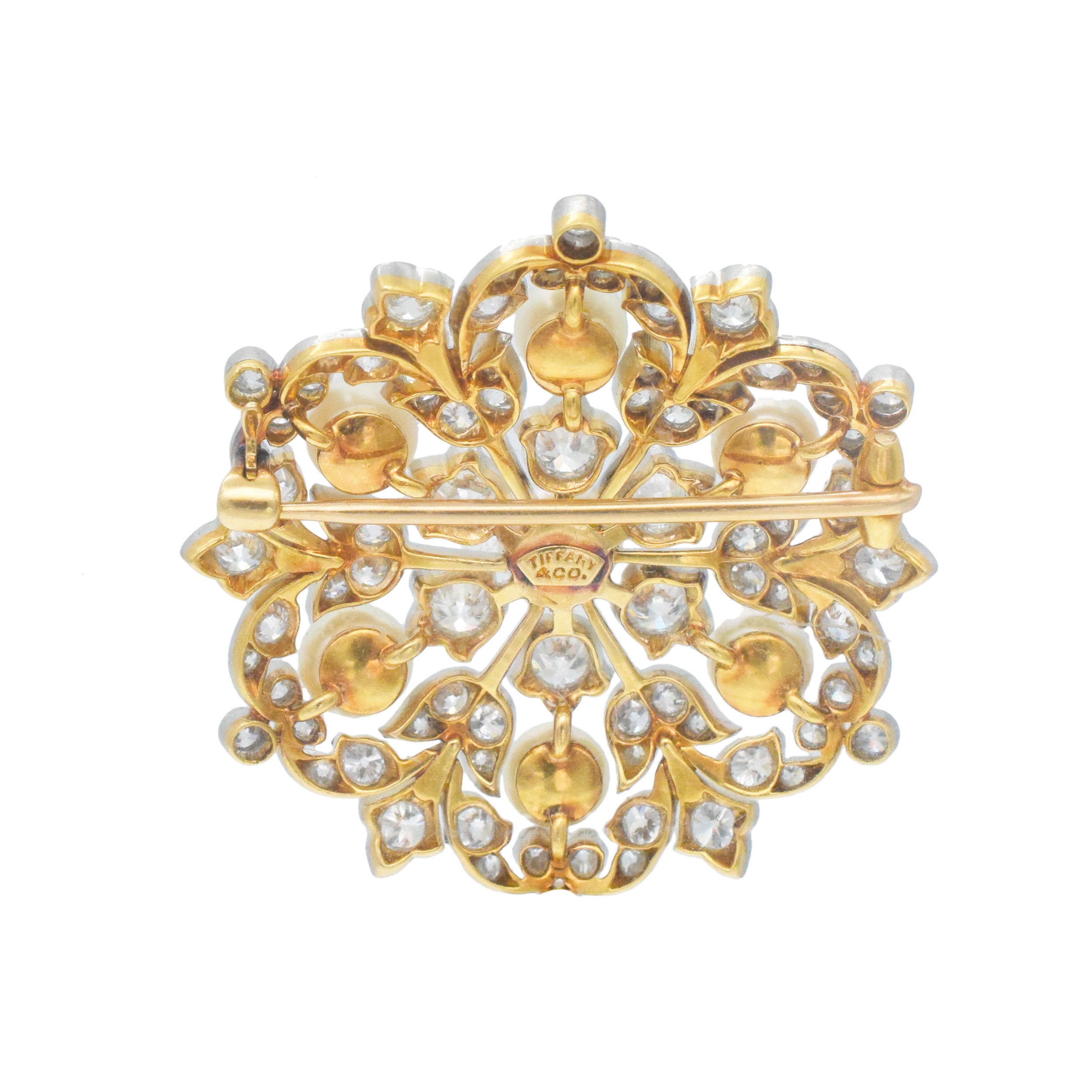 Tiffany & Co. Natural Pearl And Diamond Snowflake Brooch In Platinum Topped 18k Yellow Gold